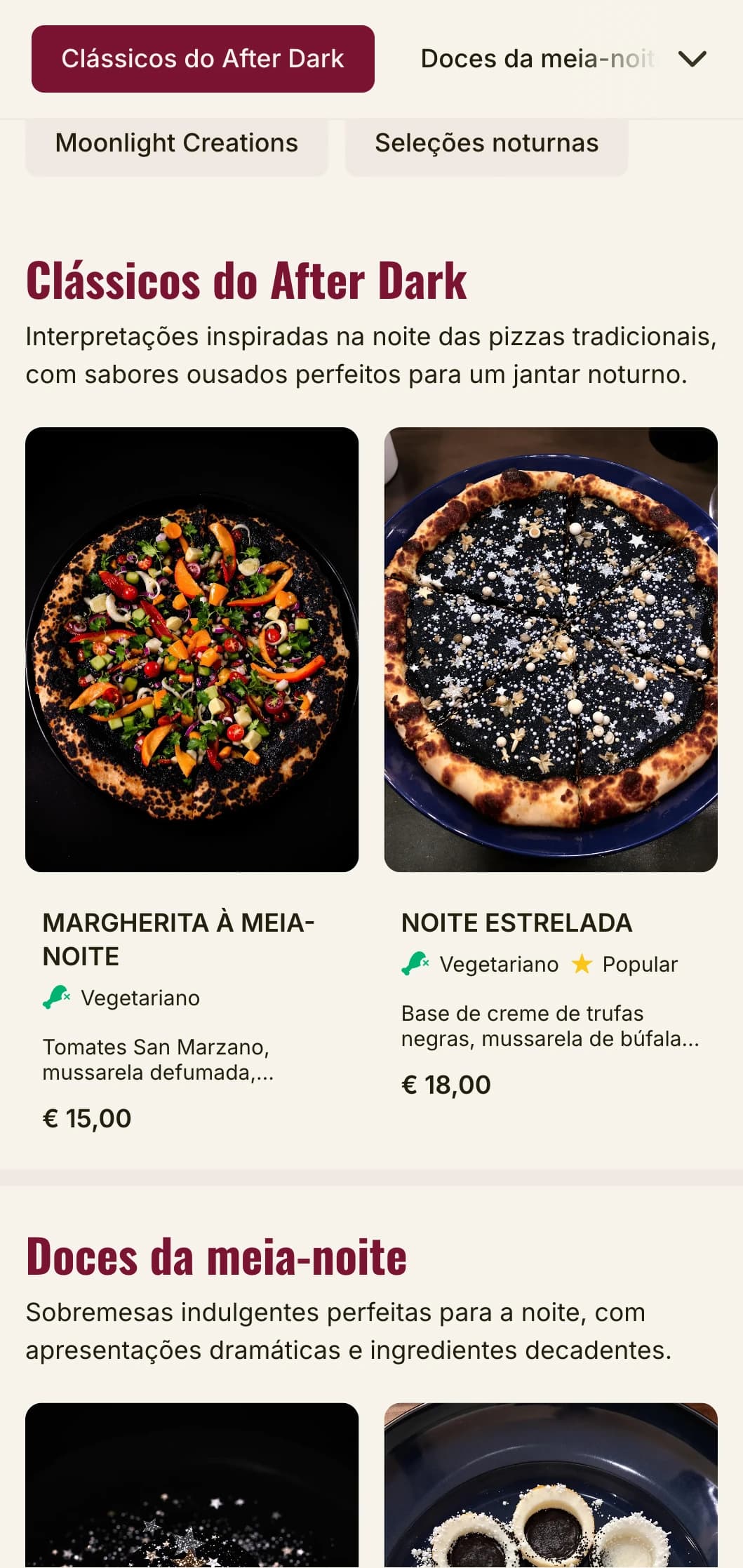 Cardápio de pizzaria noturna com estética sombria e temperamental para experiências gastronômicas noturnas.