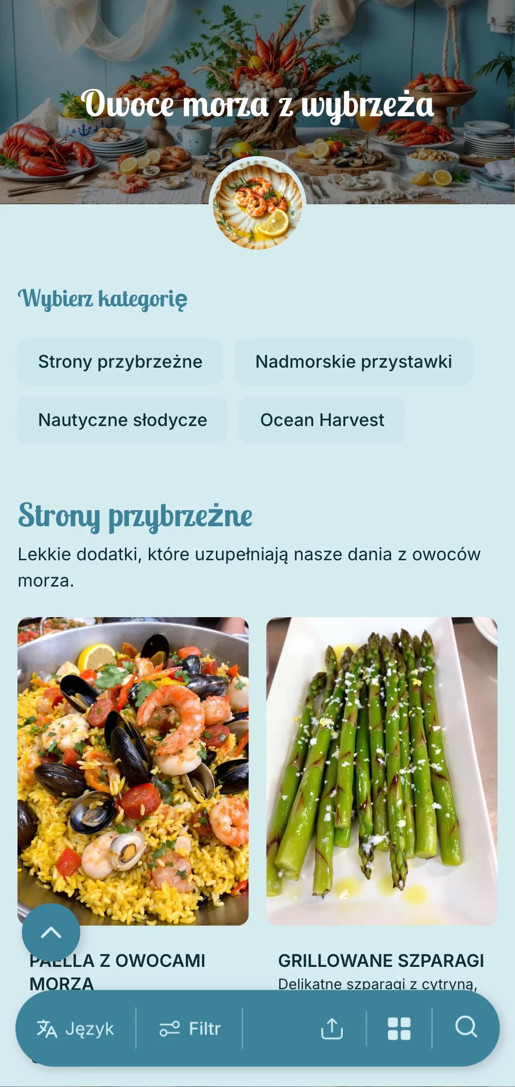 Catering ze świeżymi owocami morza, obejmujący połowy oceaniczne, elementy żeglarskie i przybrzeżną prezentację na imprezy plażowe i dla miłośników owoców morza.
