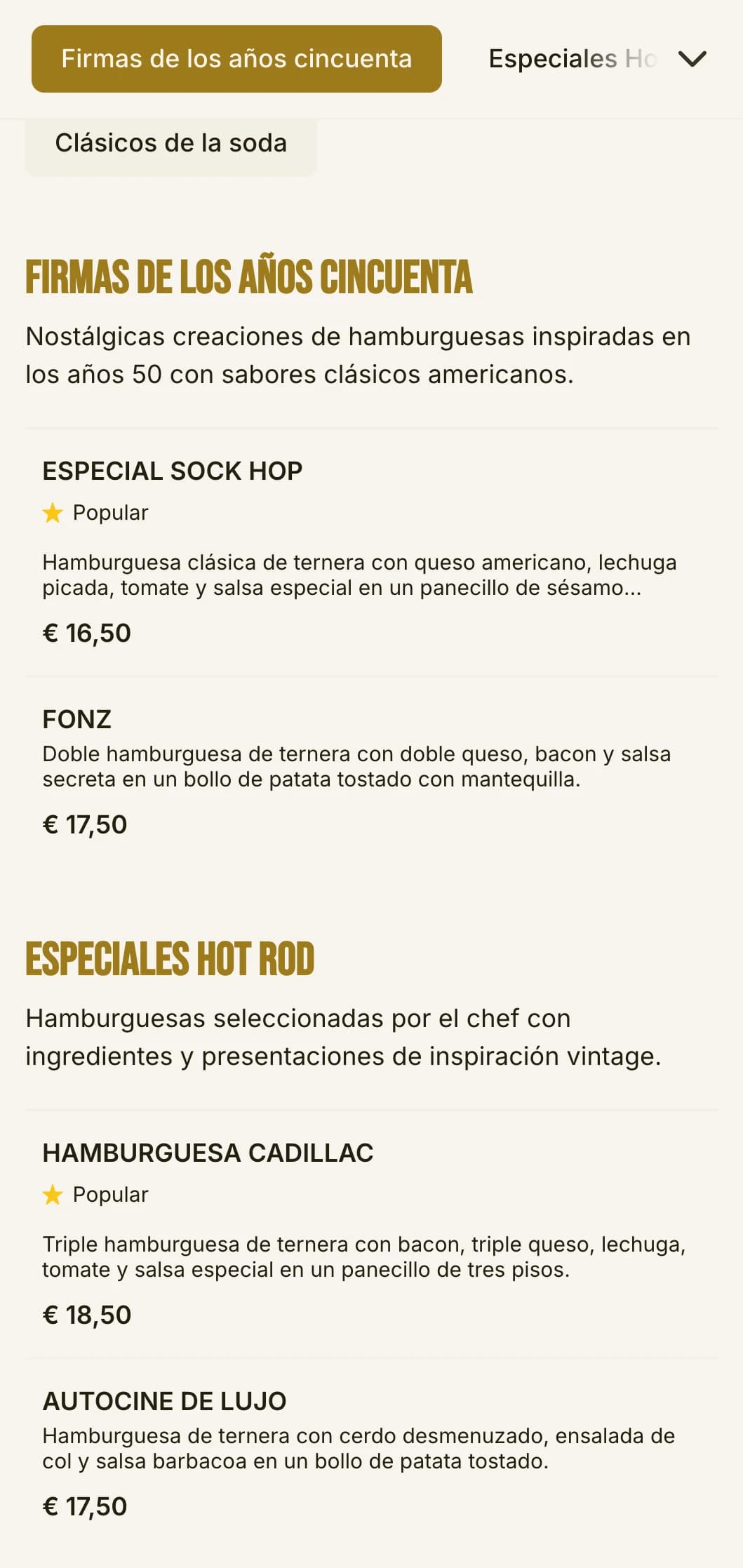 Tienda de hamburguesas inspirada en los años 50 con patrones de damero y elementos nostálgicos de tienda de refrescos.