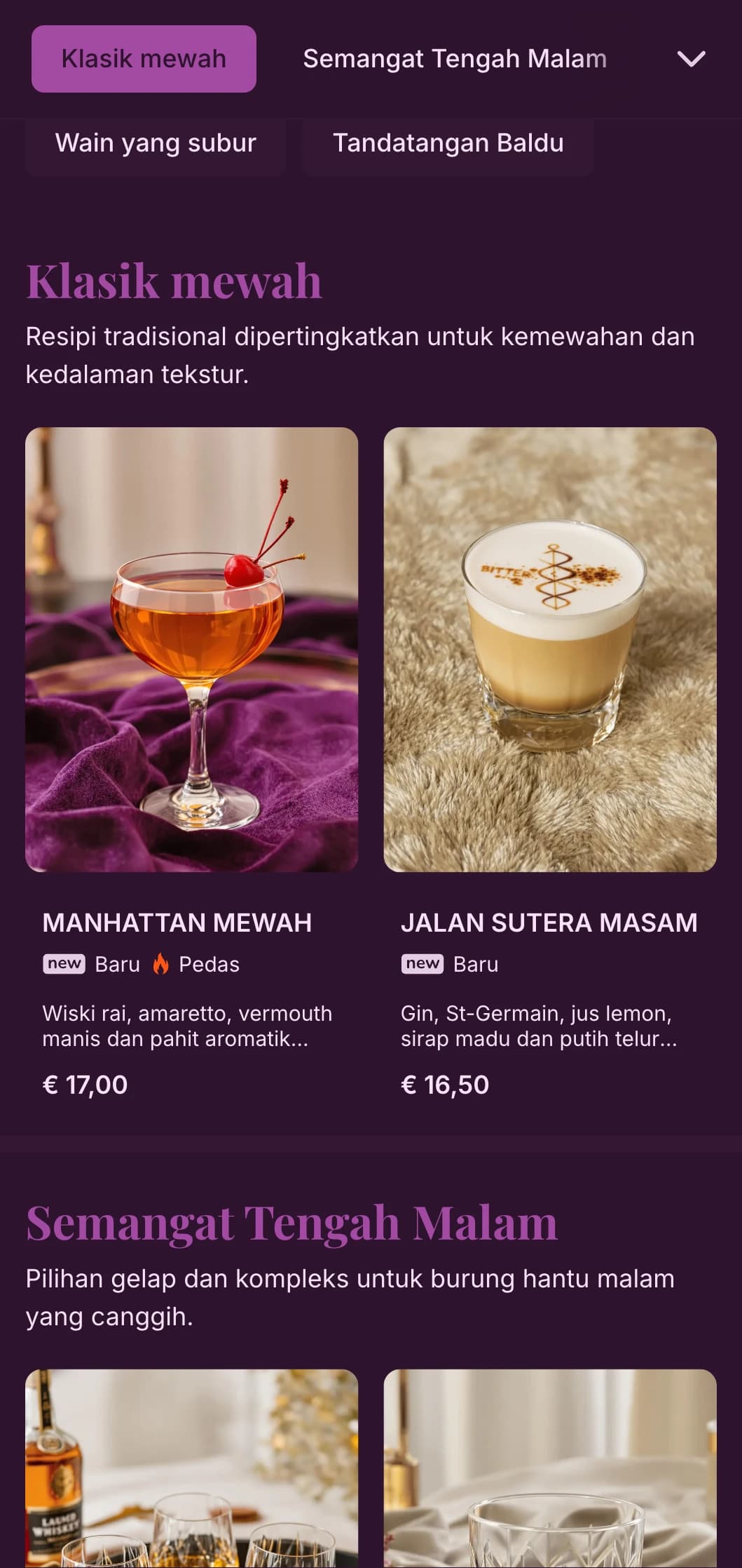Reka bentuk ungu yang mewah dengan tekstur baldu untuk tempat speakeasy yang intim.