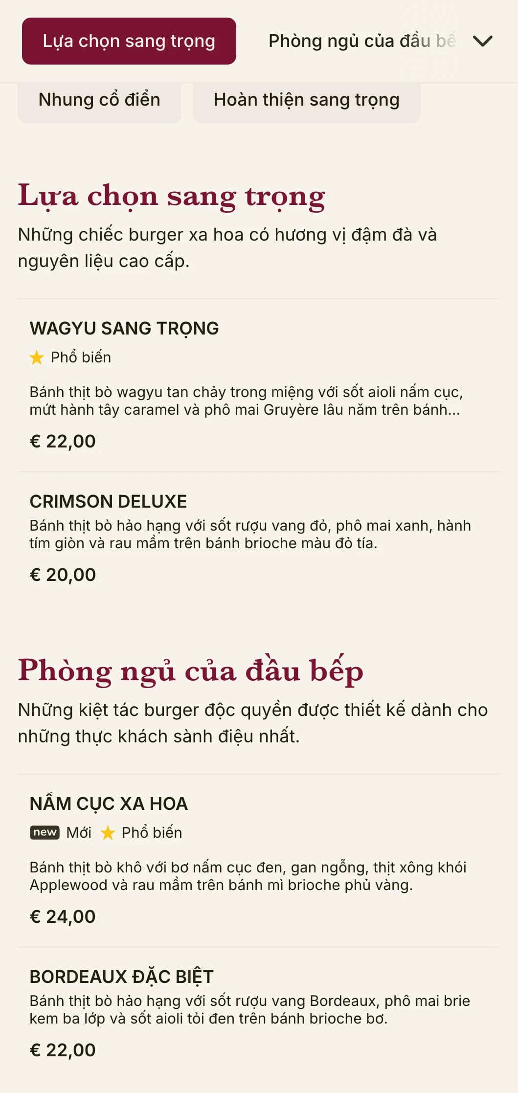 Quầy burger sang trọng với kết cấu phong phú và cách trình bày xa hoa.