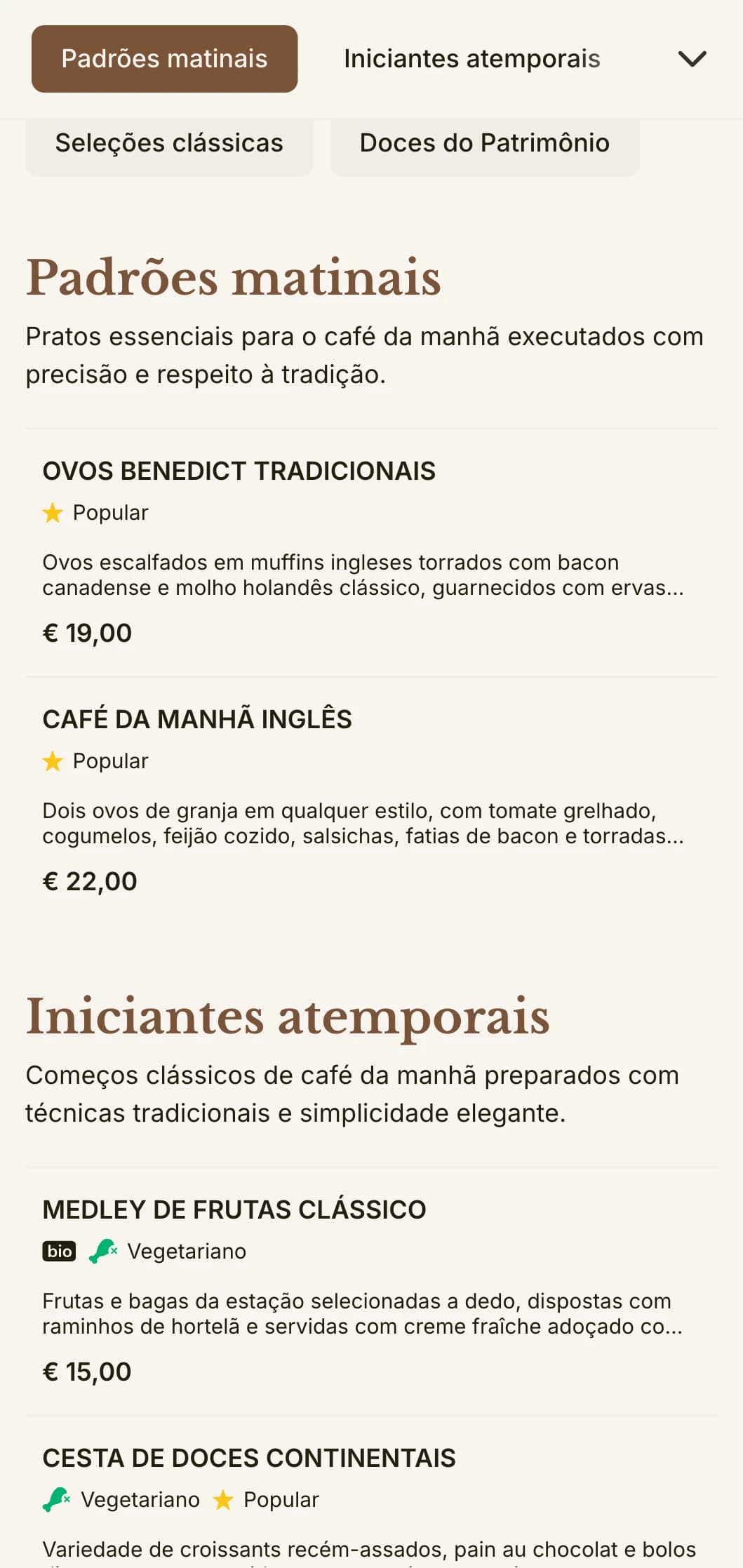 Os favoritos do café da manhã atemporal preparados com precisão e cuidado, apresentados de maneira elegante e tradicional.