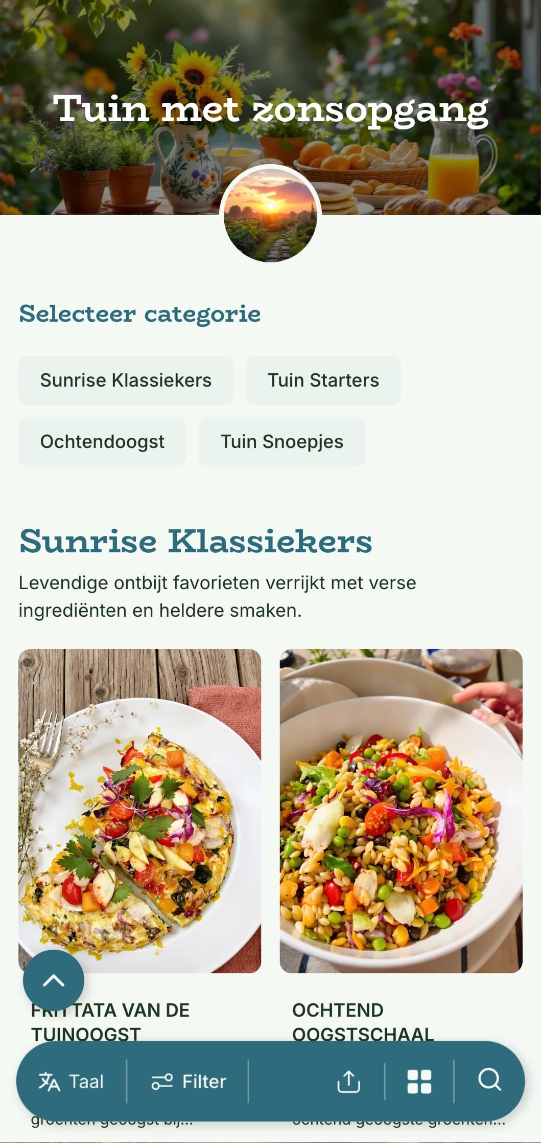 Verse, door de tuin geïnspireerde ontbijtgerechten met biologische ingrediënten en levendige presentaties met natuurlijke elementen.