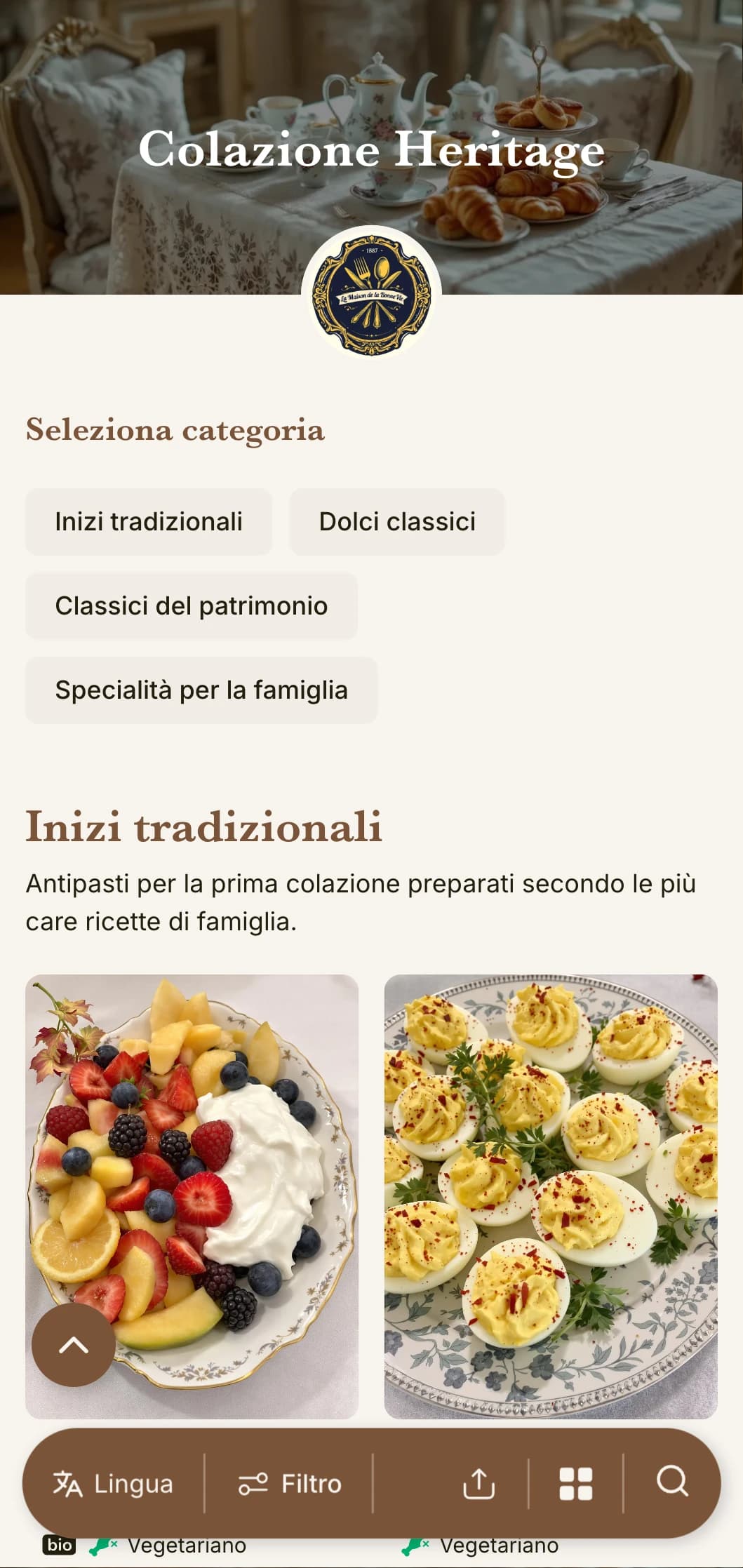 Selezioni tradizionali per la prima colazione ispirate a ricette di famiglia senza tempo e a tecniche culinarie classiche.