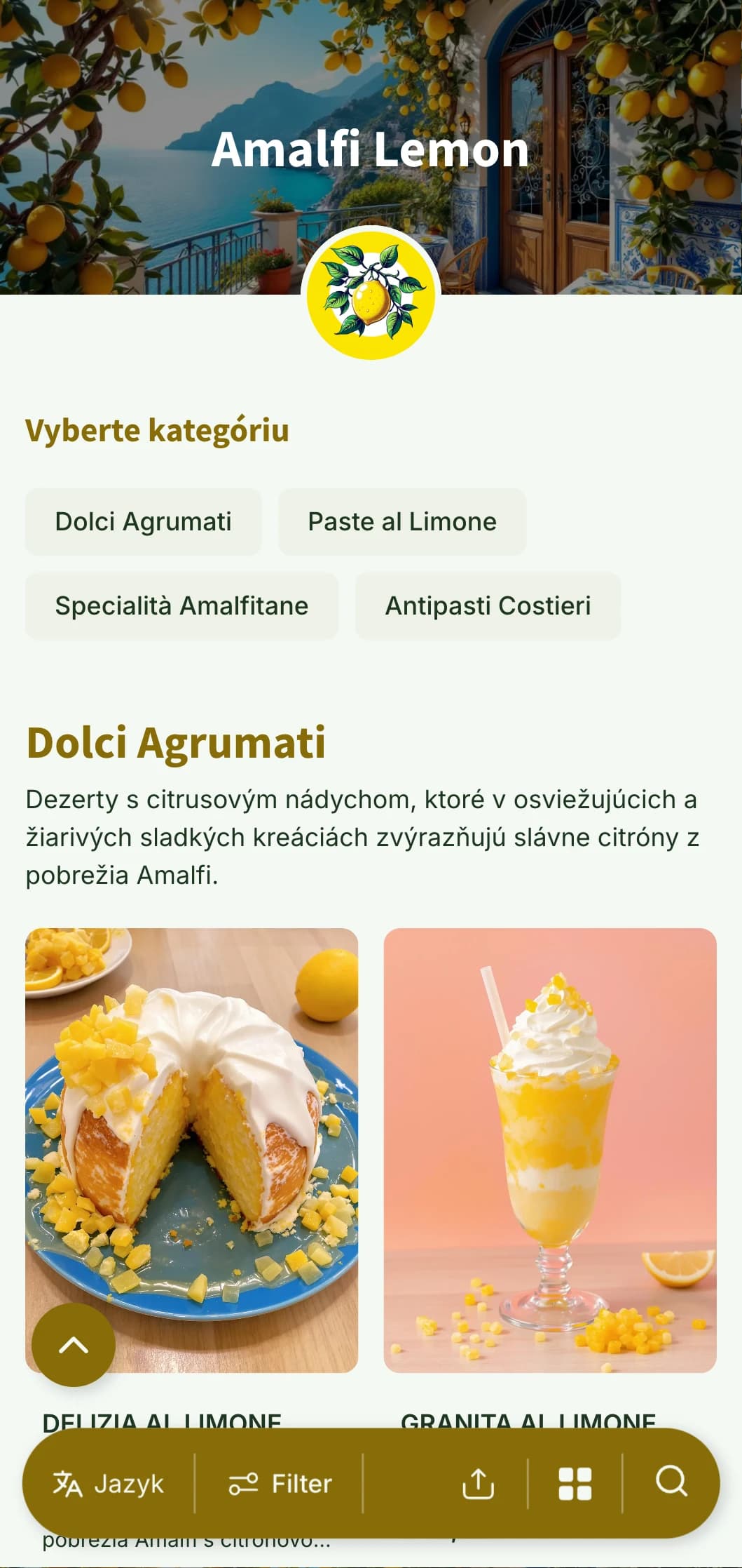 Svetlý, vzdušný dizajn inšpirovaný pobrežím Amalfi s motívmi citrónov a stredomorskými modrými akcentmi.