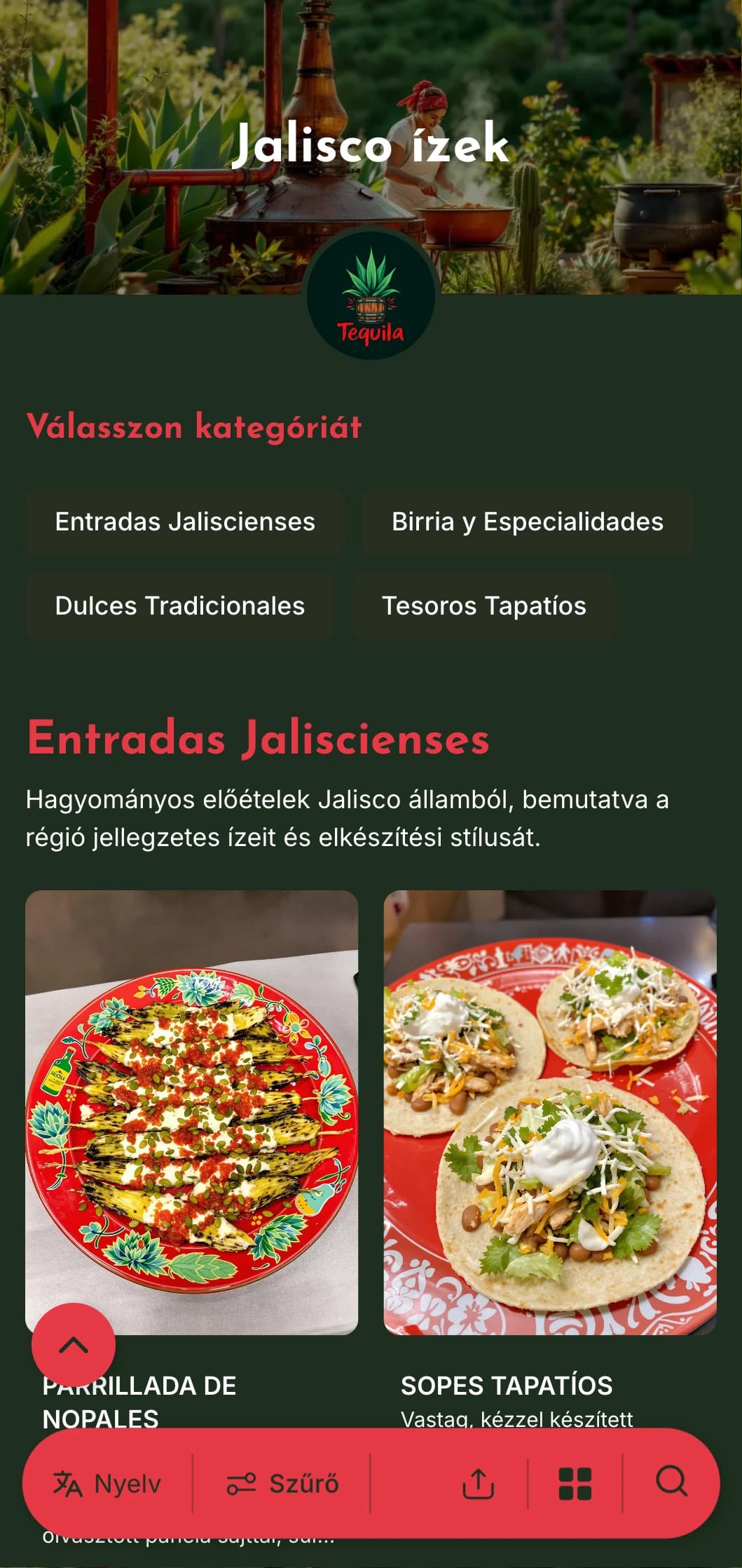 Élénk és ízgazdag menü, amely jaliscói specialitásokat, többek között tequilát, birriát és hagyományos, mariachi ihlette ételeket kínál.
