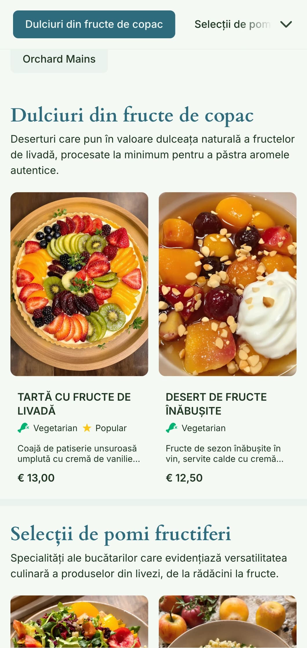 Design de meniu de prânz fructuos, inspirat de livadă, cu elemente sezoniere și abundență naturală, ideal pentru restaurantele care folosesc fructe de copac și produse din livadă.