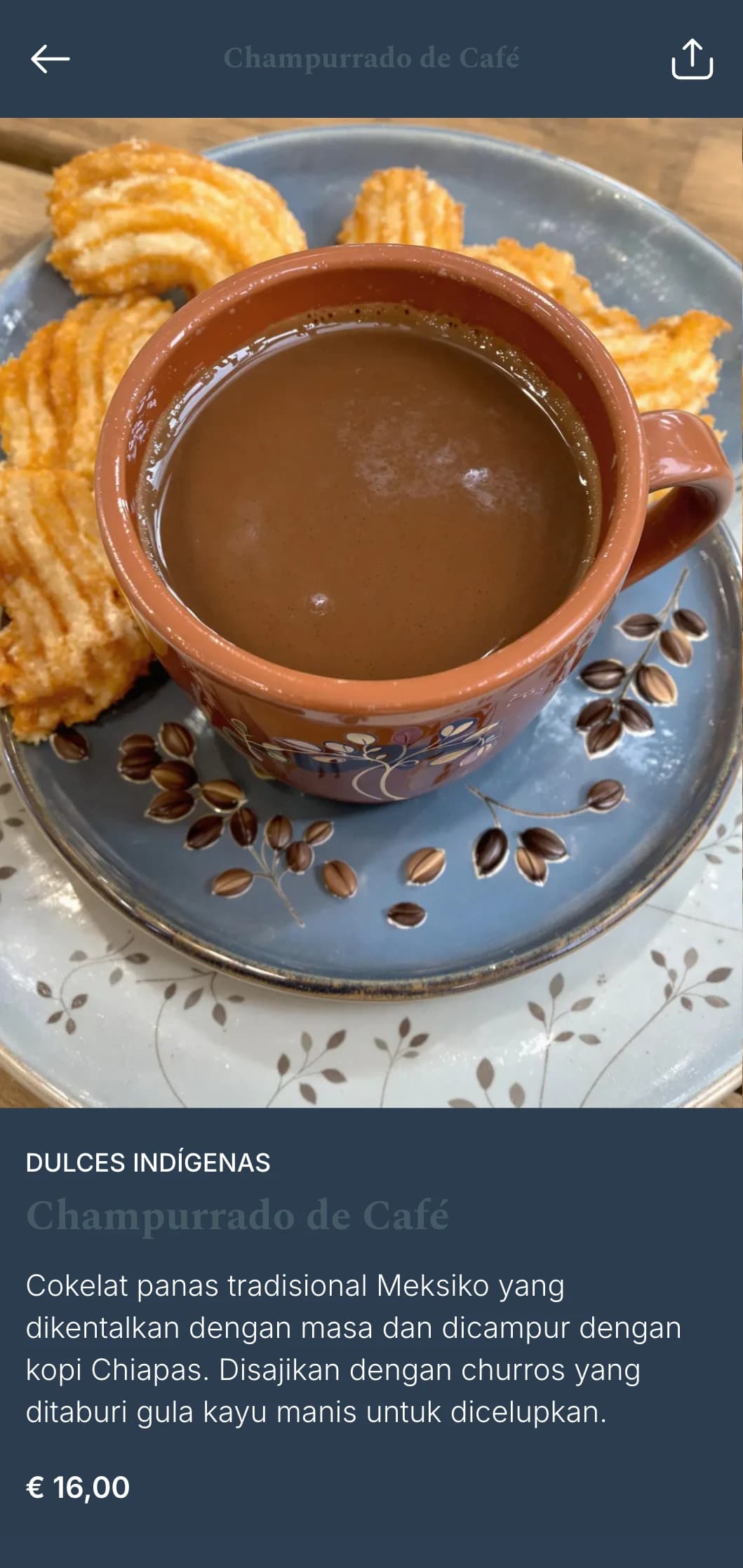 Menu bersahaja dan otentik yang menampilkan hidangan Chiapas dengan cita rasa kopi yang kaya, inspirasi asli, dan metode persiapan tradisional.