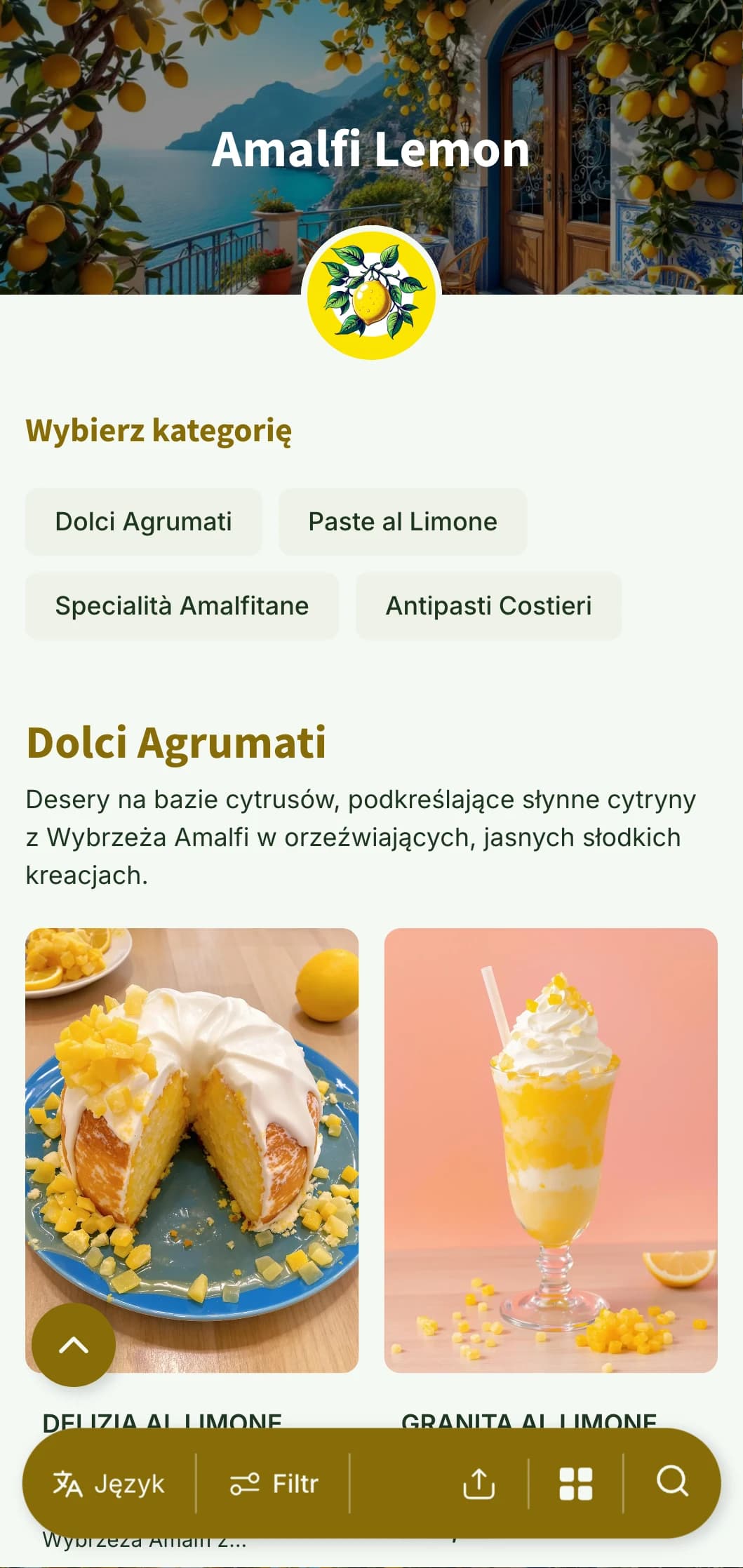 Jasny, przewiewny design inspirowany wybrzeżem Amalfi z cytrynowymi motywami i śródziemnomorskimi niebieskimi akcentami.