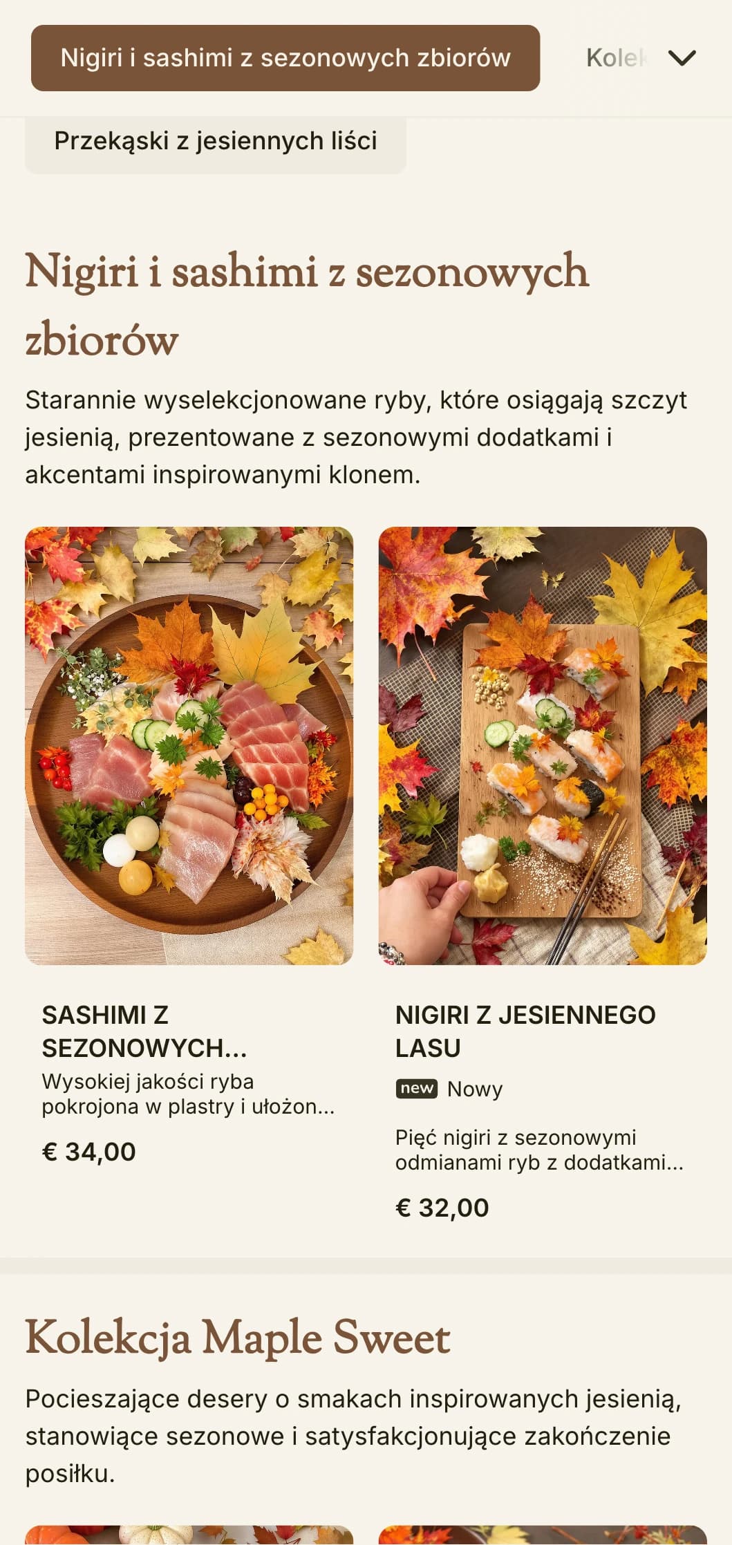 Ciepłe, sezonowe menu sushi z bogatymi odcieniami klonu i elementami inspirowanymi jesienią do tradycyjnych posiłków.