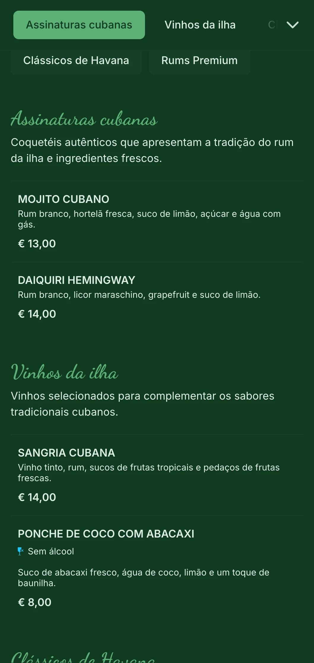 Design verde tropical com elementos vintage para bares de rum inspirados em Cuba.