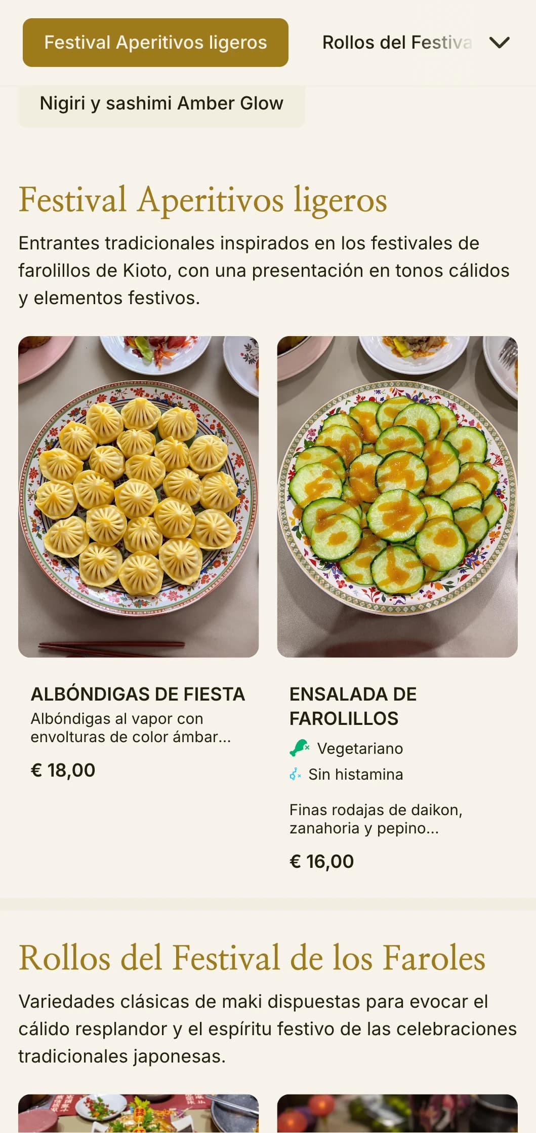 Menú de sushi tradicional inspirado en las linternas, con cálidos tonos ámbar para crear un auténtico ambiente japonés.