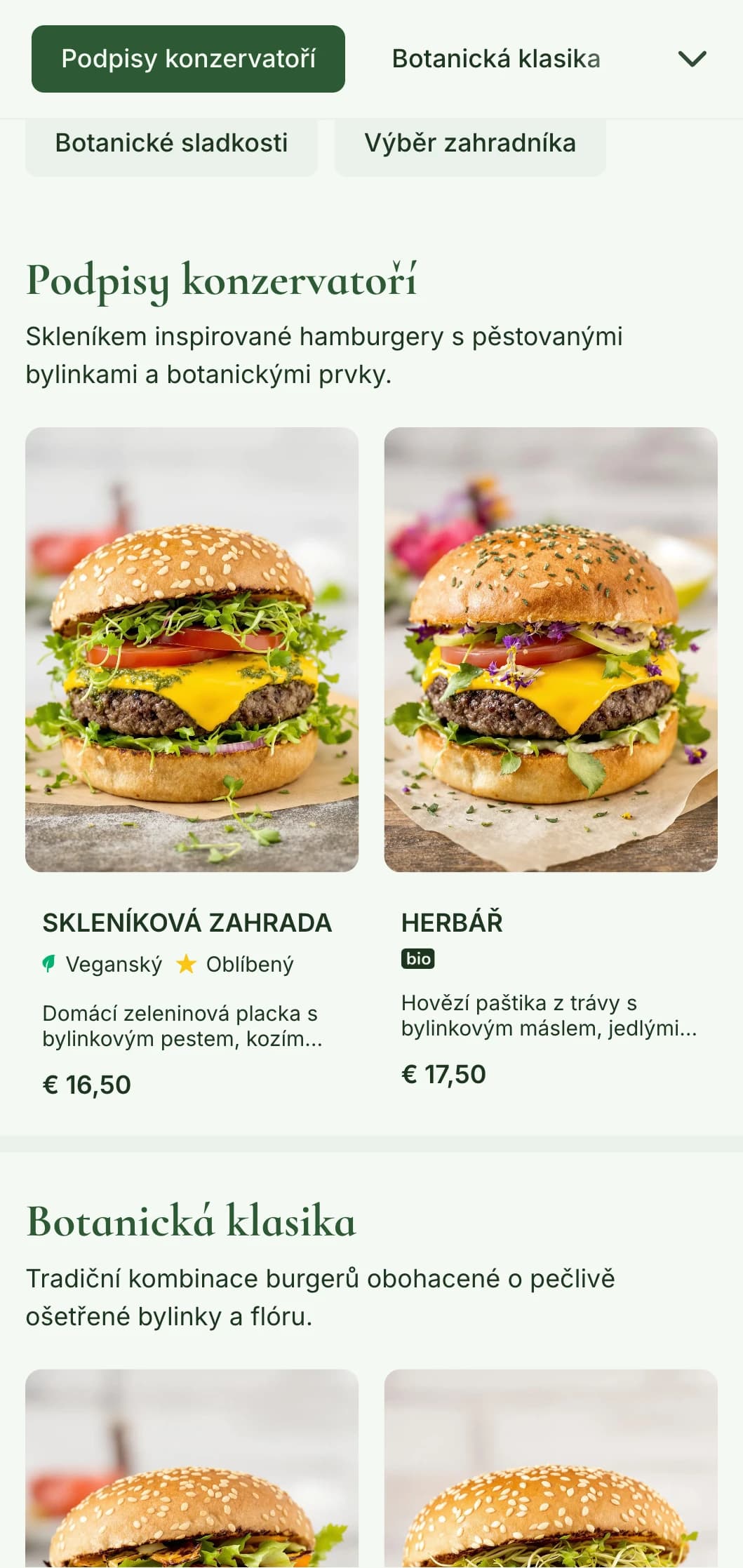 Zahrada hamburgerů zaměřená na rostliny se skleníkovými prvky a botanickými ilustracemi.