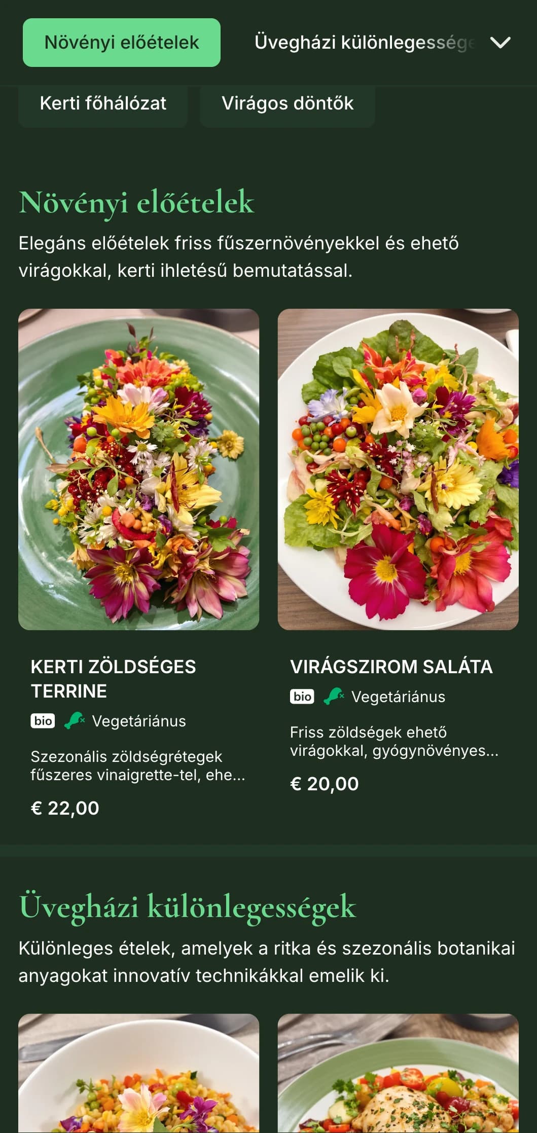 Elegáns vacsora menü buja botanikai elemekkel és mélyzöld tónusokkal, kert ihlette finom vacsorákhoz.