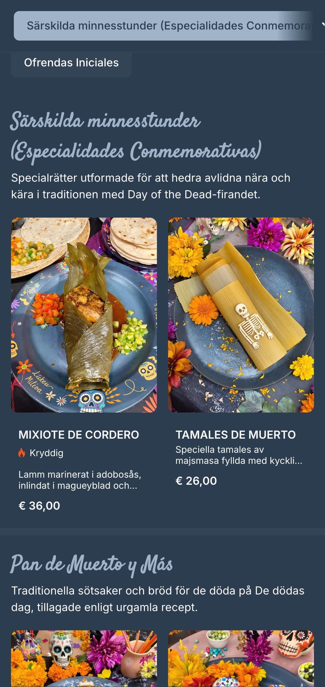 Konstnärlig och festlig meny med Day of the Dead-tema med rika blågrå toner, motiv av sockerdödskallar och speciella säsongsbetonade erbjudanden.