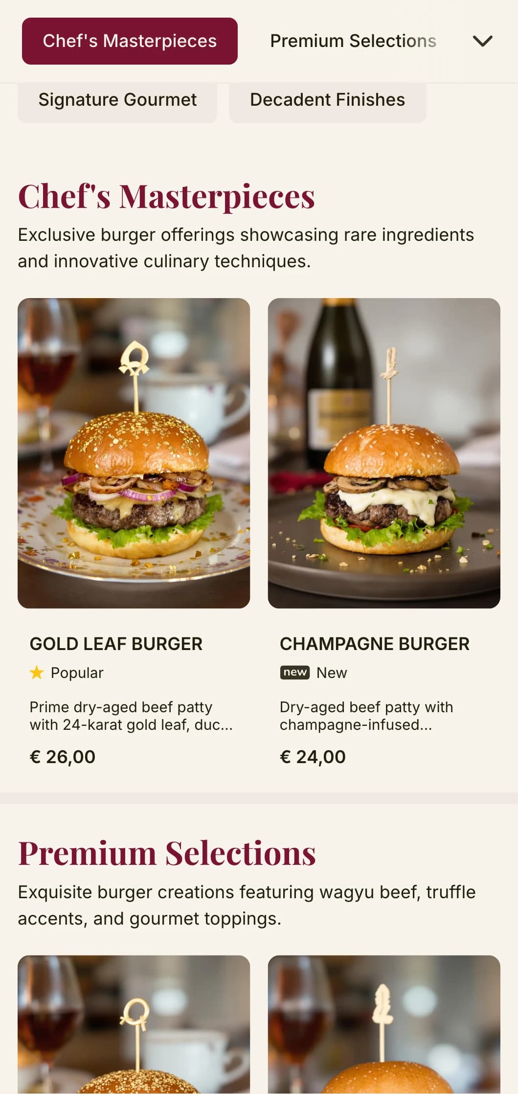 Elevated burger dining with premium typography and rich color palette for an upscale burger experience.