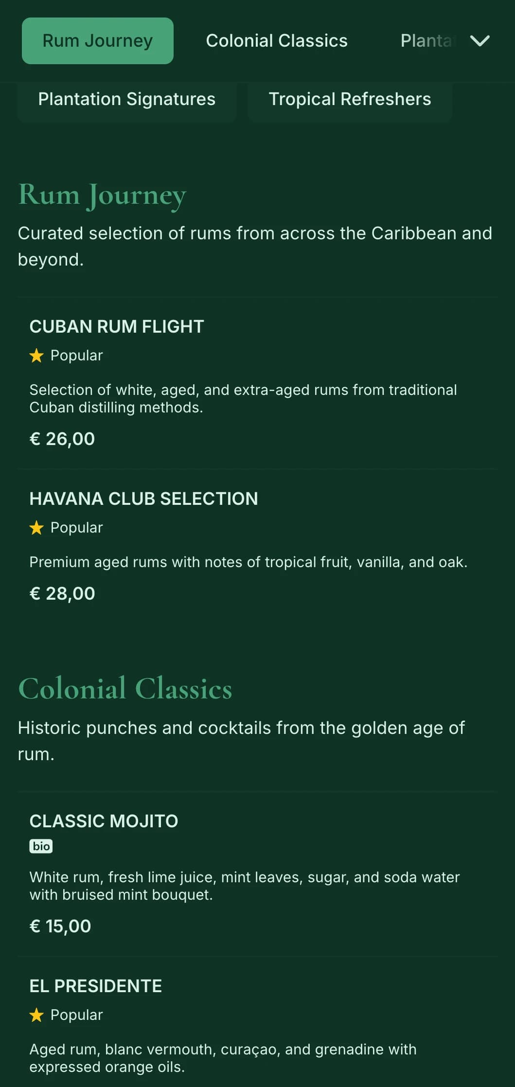 Rich green design with historical Caribbean elements for rum-focused bars.