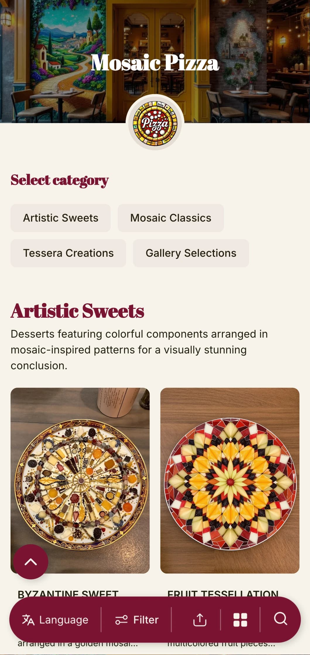 Colorful, artistic pizza menu inspired by Italian mosaic art with vibrant elements.