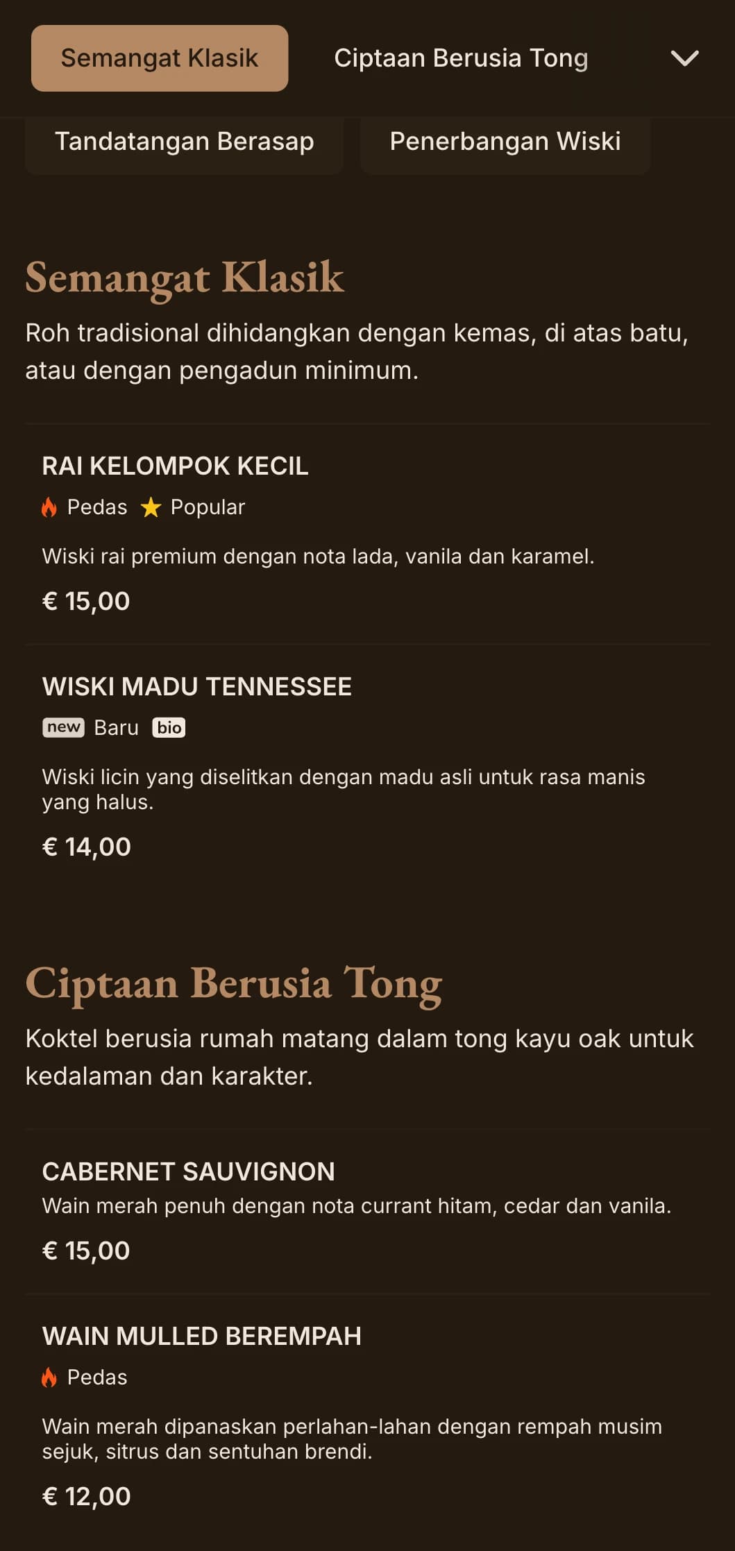 Warna coklat yang kaya dengan tipografi klasik untuk bar wiski dan pub tradisional.