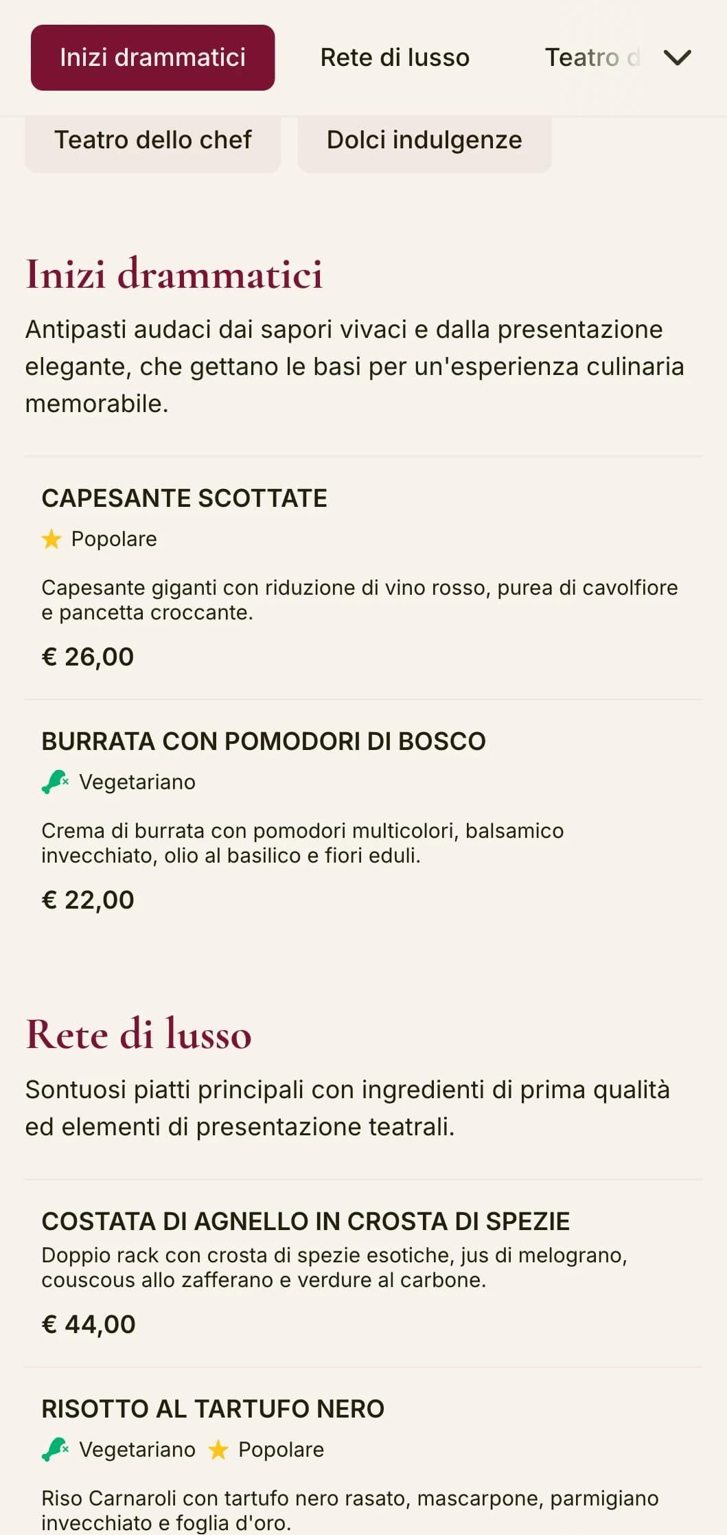 Un menu per la cena audace e drammatico, caratterizzato da toni rossi profondi e da elementi lussuosi, pensato per locali di alto livello con un tocco teatrale.