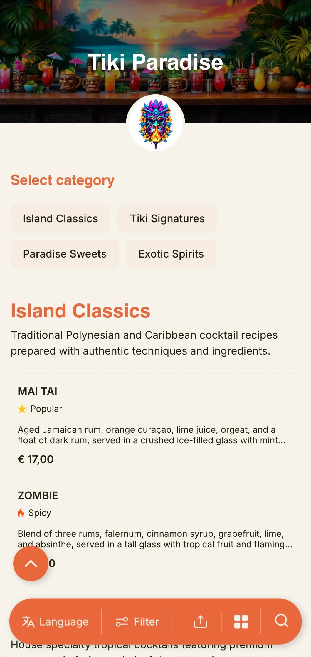 An exotic, vibrant design for tiki bars and tropical cocktail lounges featuring playful typography and warm colors.