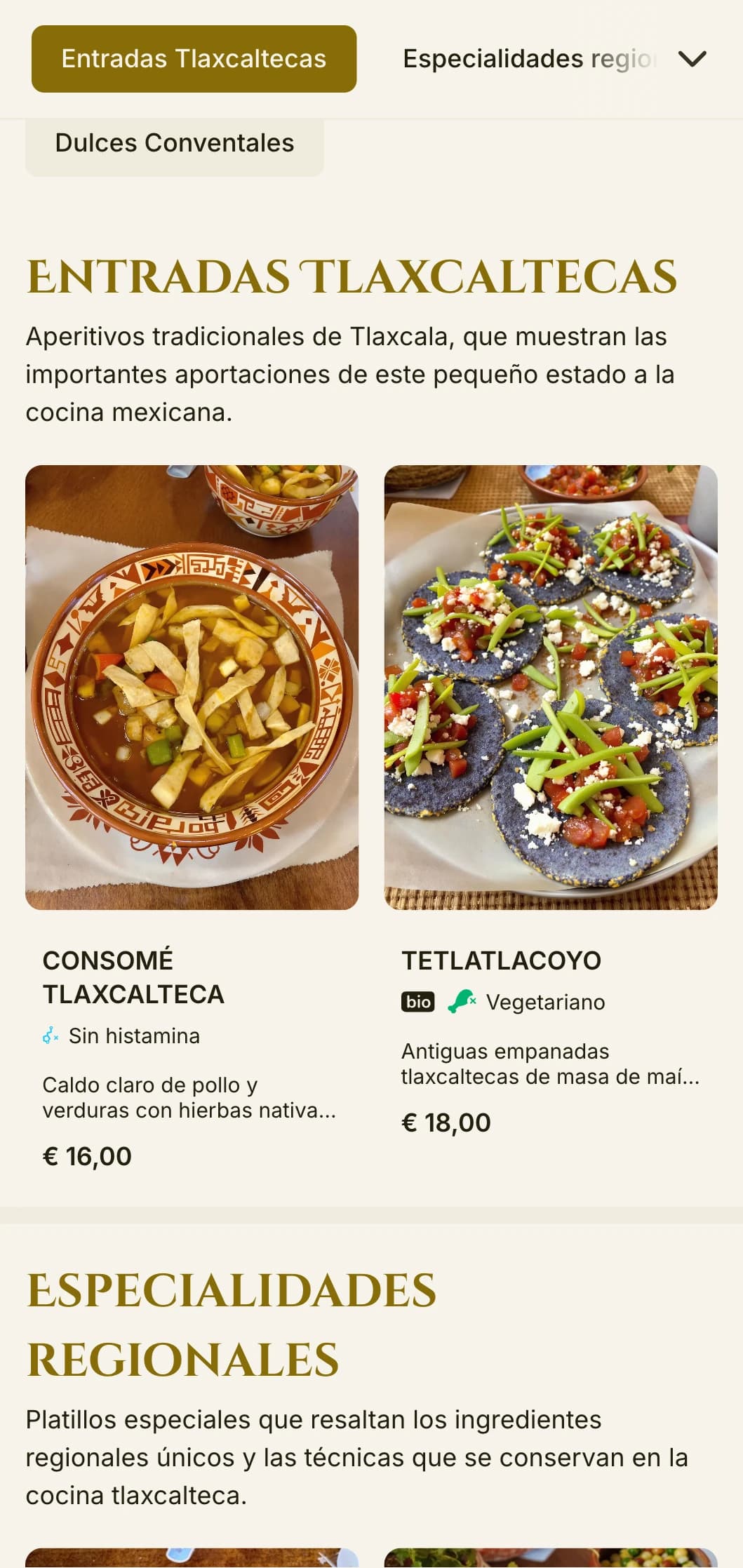 Menú elegante e histórico que celebra las tradiciones culinarias de Tlaxcala con acentos dorados, influencias prehispánicas y especialidades regionales.