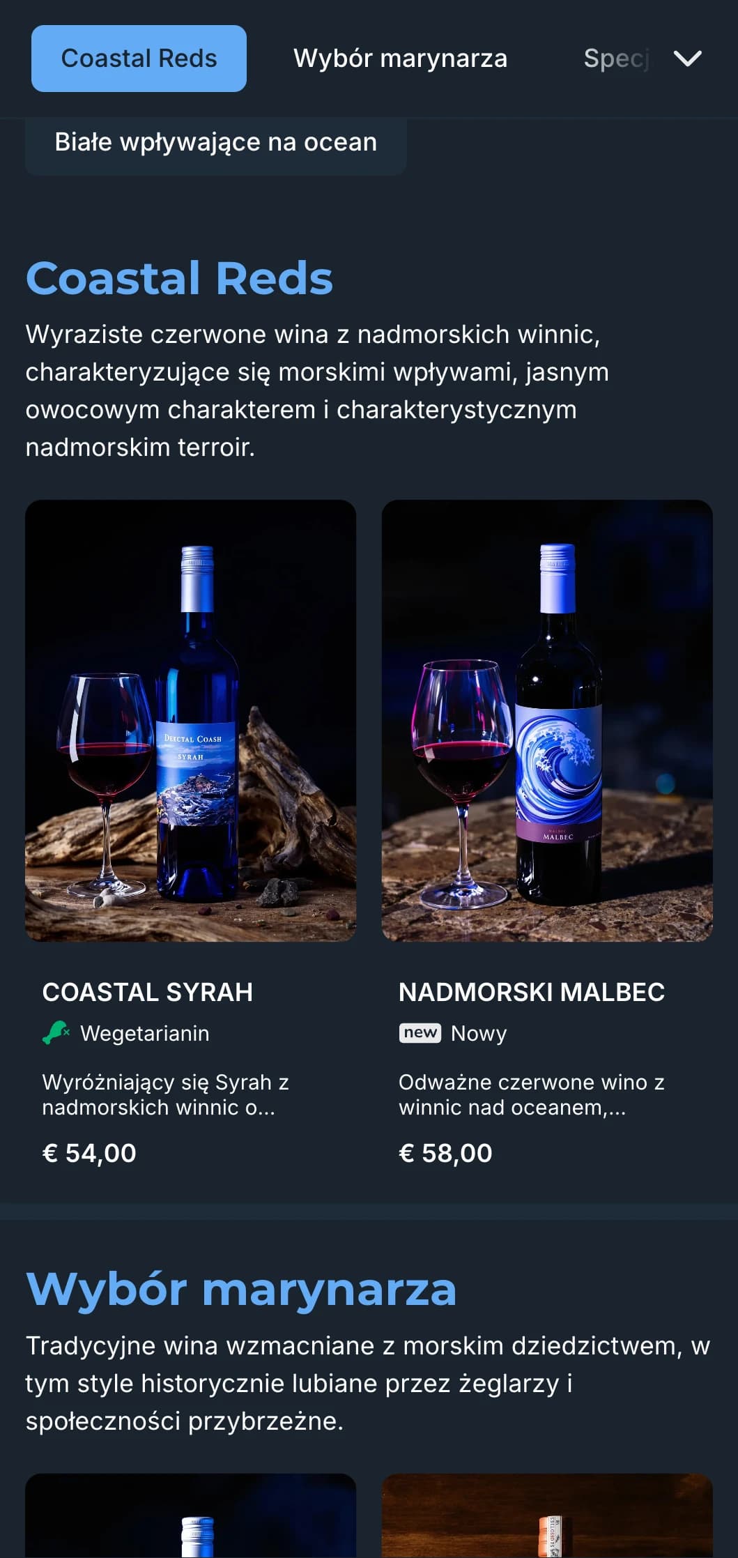 Szablon ciemnej karty win inspirowany stylem śródziemnomorskim z żywymi niebieskimi akcentami, idealny do wieczornych nadmorskich restauracji i nadmorskich doświadczeń z winem.