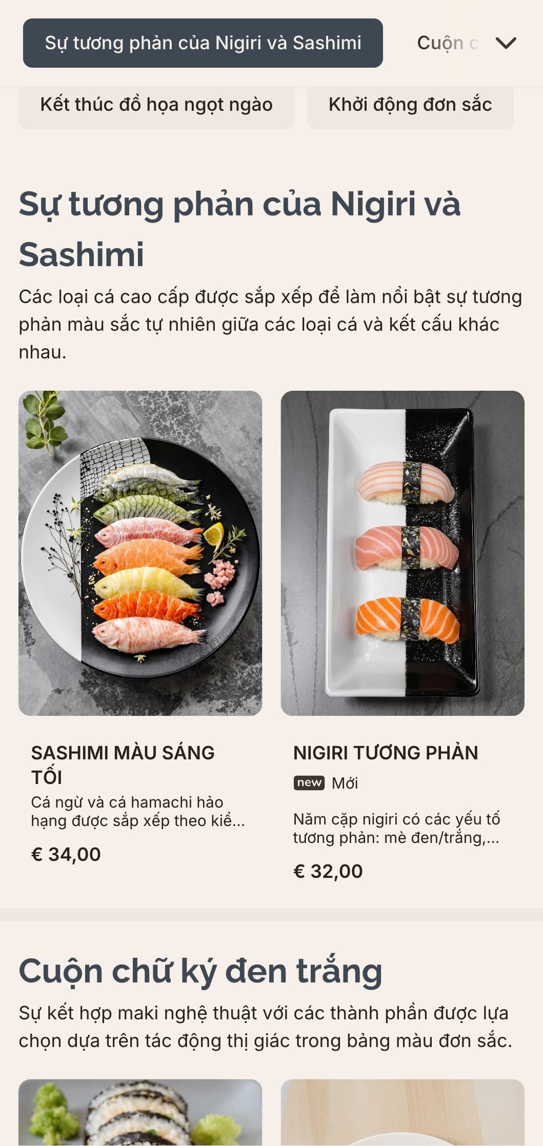 Thực đơn sushi đen trắng tinh tế với điểm nhấn màu xám nhẹ nhàng, hoàn hảo cho các nhà hàng tối giản hiện đại.