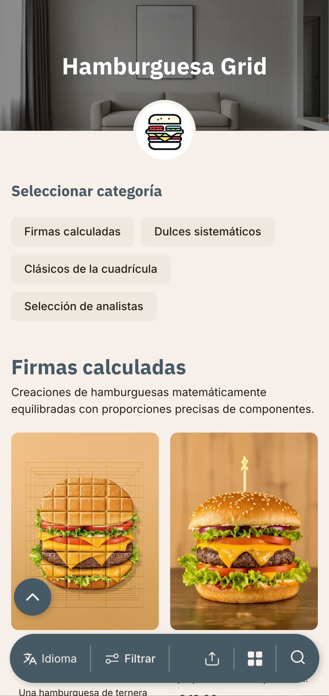 Concepto de hamburguesa de precisión matemática con disposición en cuadrícula y presentación sistemática.