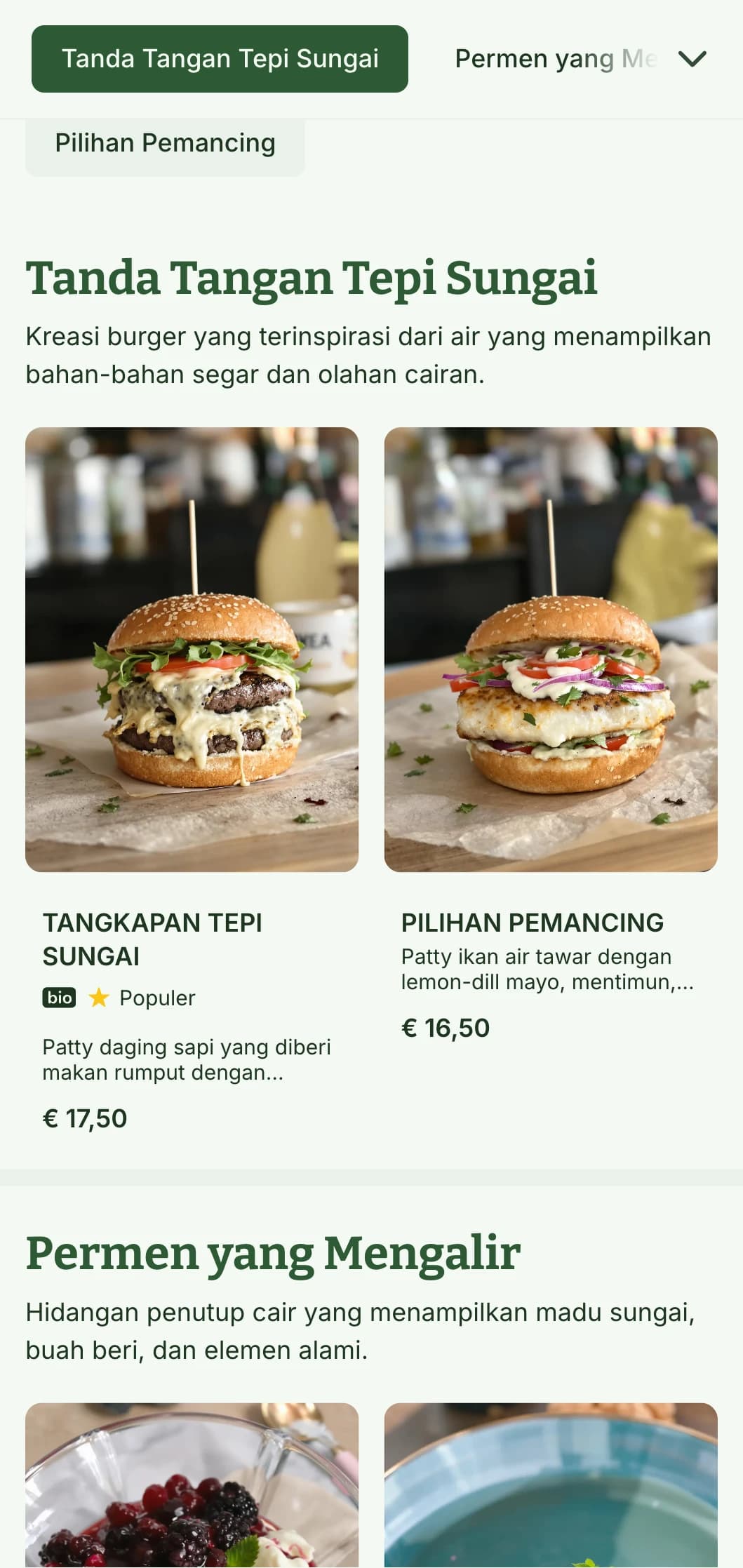 Pengalaman burger tepi sungai dengan elemen air dan palet biru-hijau alami.