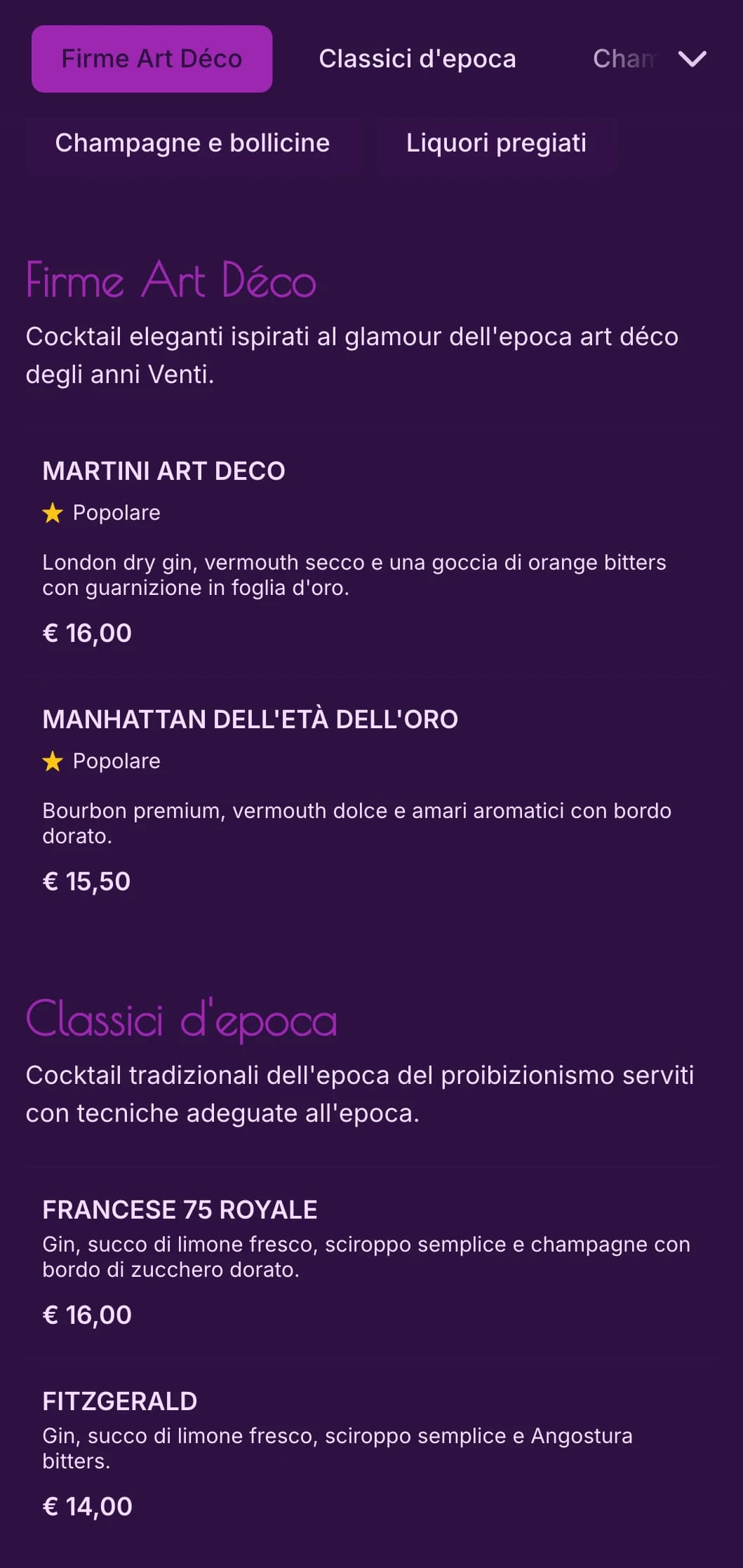 Elegante design viola e oro ispirato all'art déco degli anni Venti per cocktail lounge di alto livello.