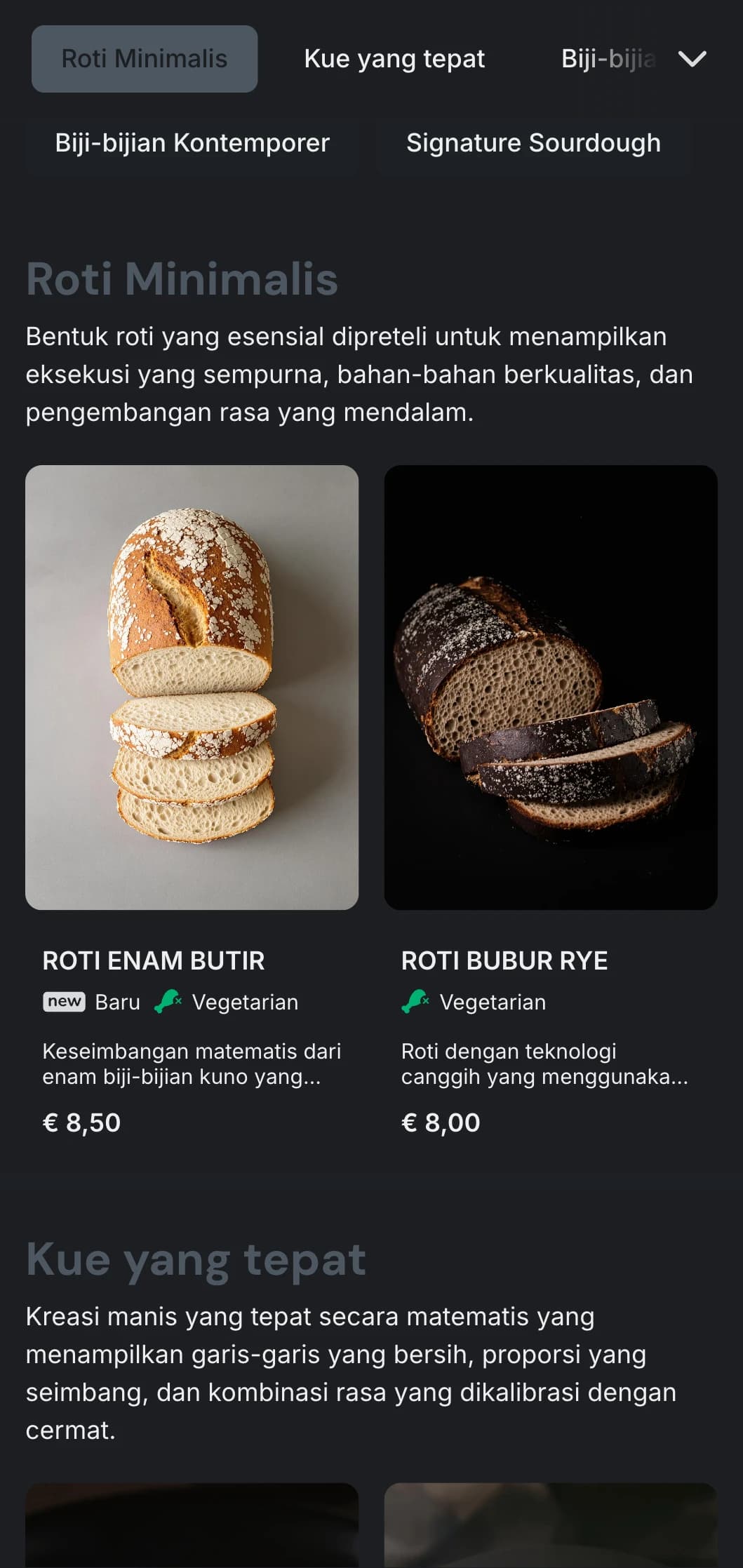 Desain menu roti kontemporer yang mencolok dengan warna abu-abu tua dan tipografi minimalis, ideal untuk toko roti artisan yang berfokus pada desain.