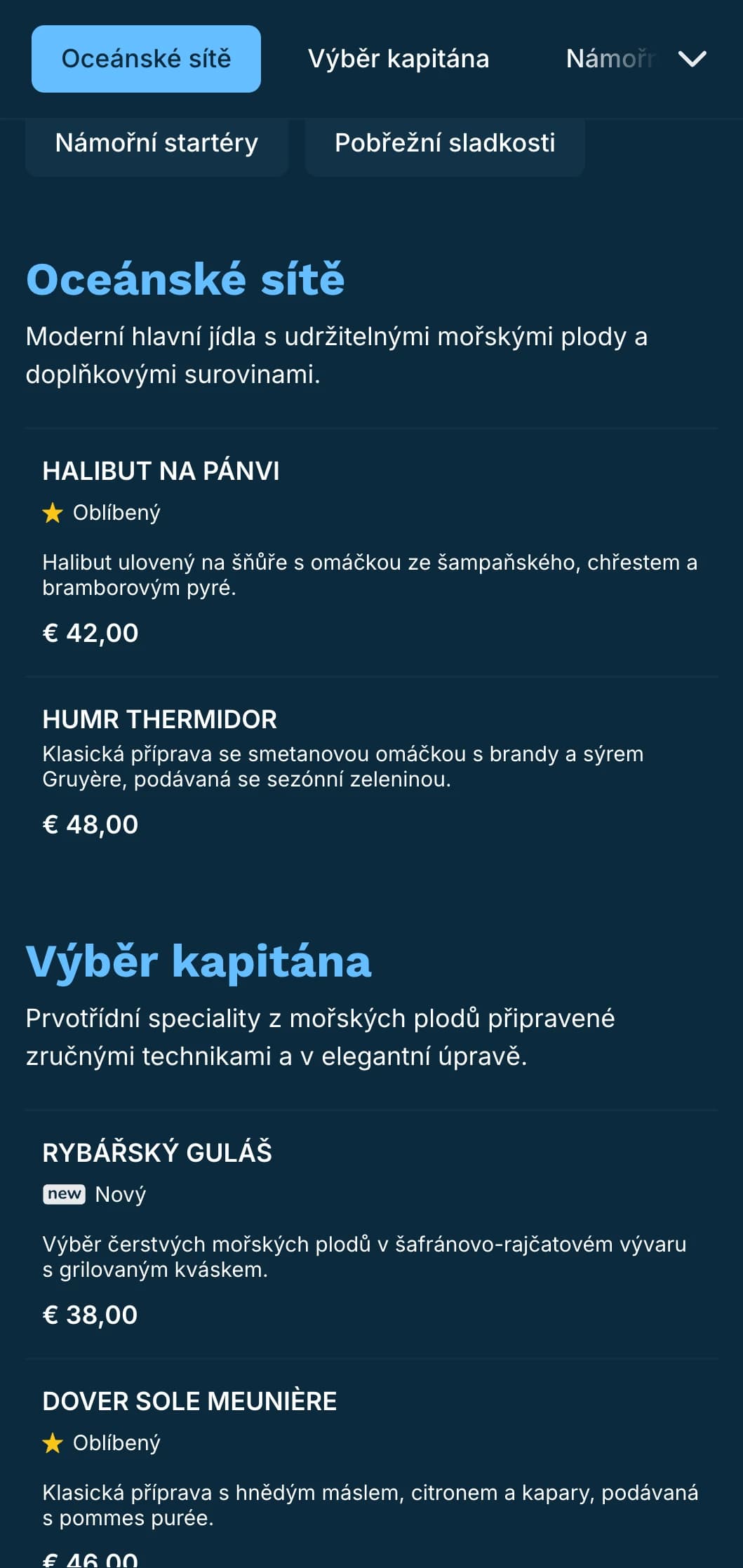 Svěží, modře laděné menu s námořnickými vlivy, ideální pro luxusní restaurace s mořskými plody.