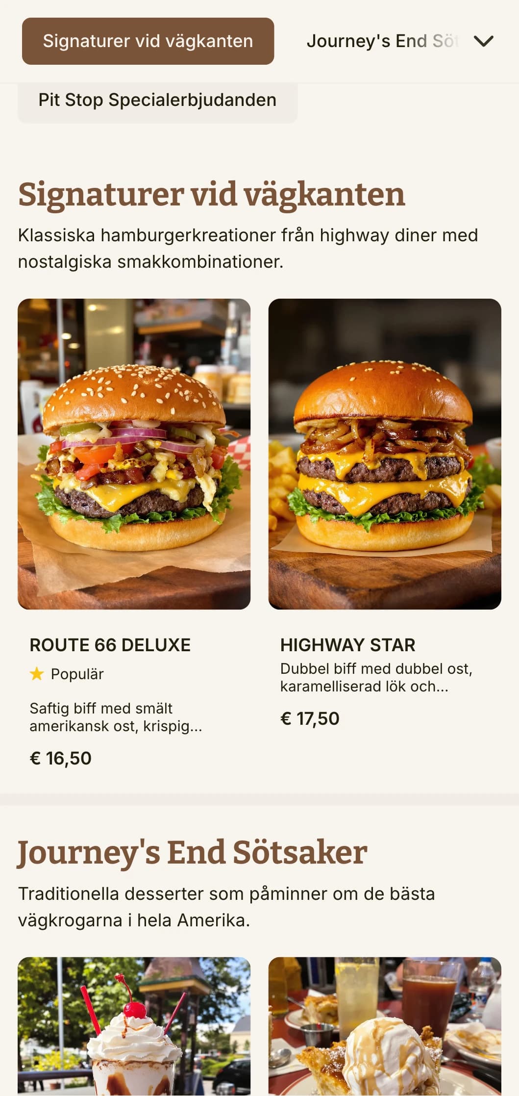 Highway-inspirerad hamburgerrestaurang med vintage vägskyltar och klassisk amerikansk roadtrip-nostalgi.