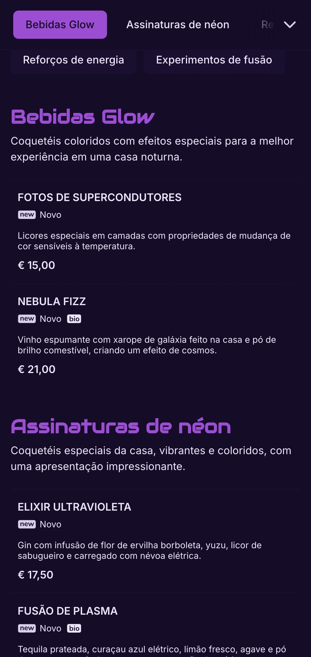 Design em roxo e preto de alto contraste com elementos em neon para bares de coquetéis contemporâneos.