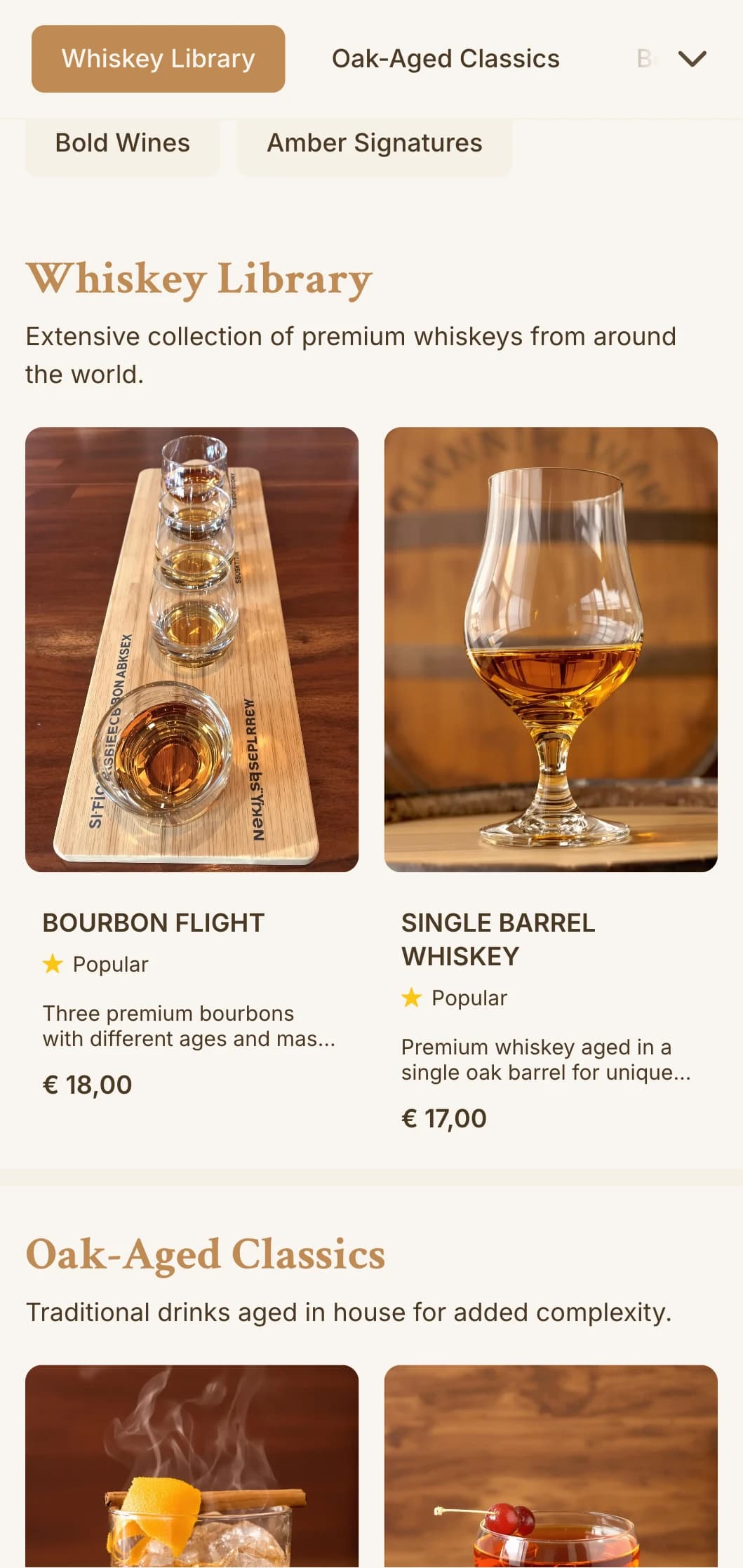 Rich amber design with wood textures for whiskey and bourbon specialty bars.