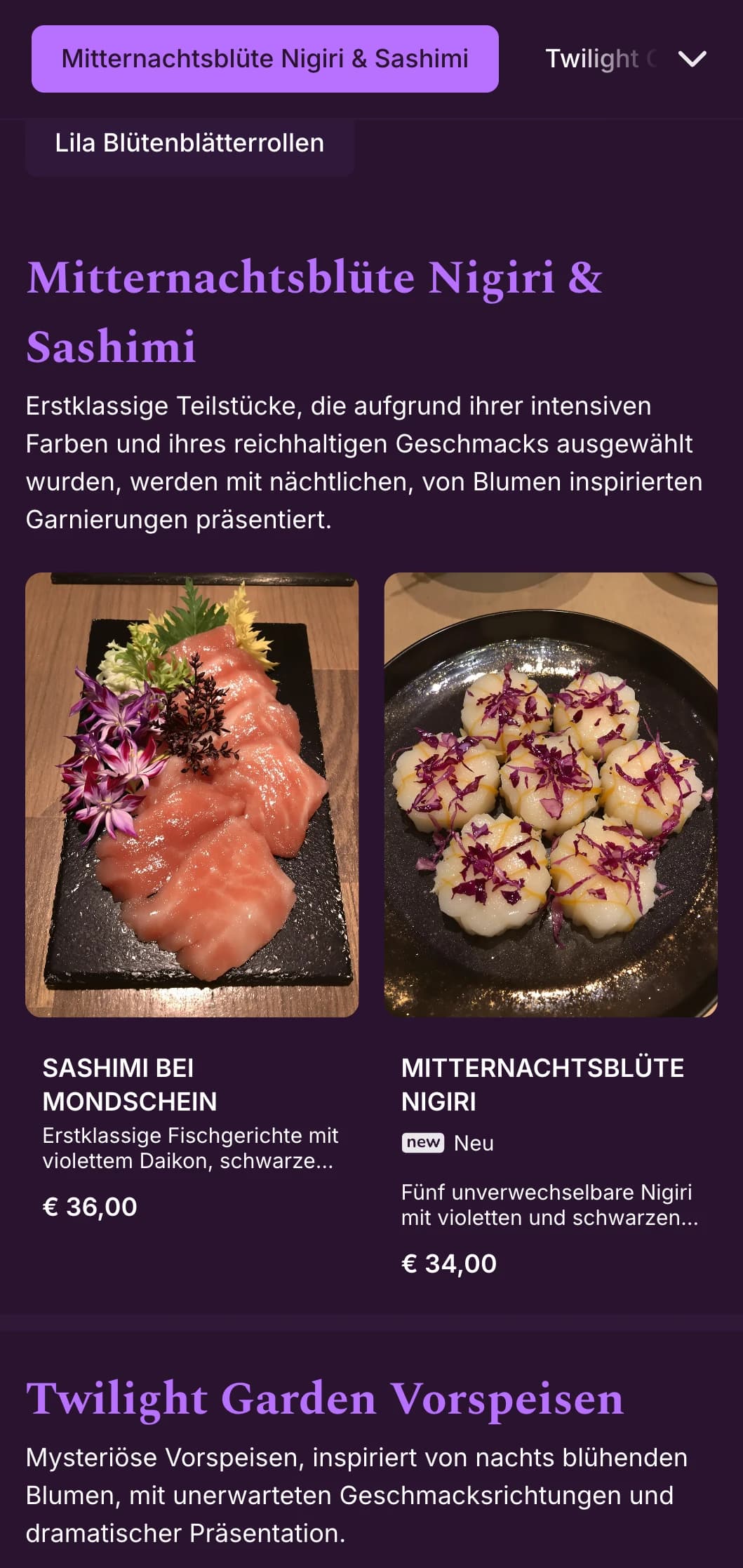 Luxuriöses Sushi-Erlebnis am Abend mit tiefvioletten Akzenten und dramatischen Blumenelementen.