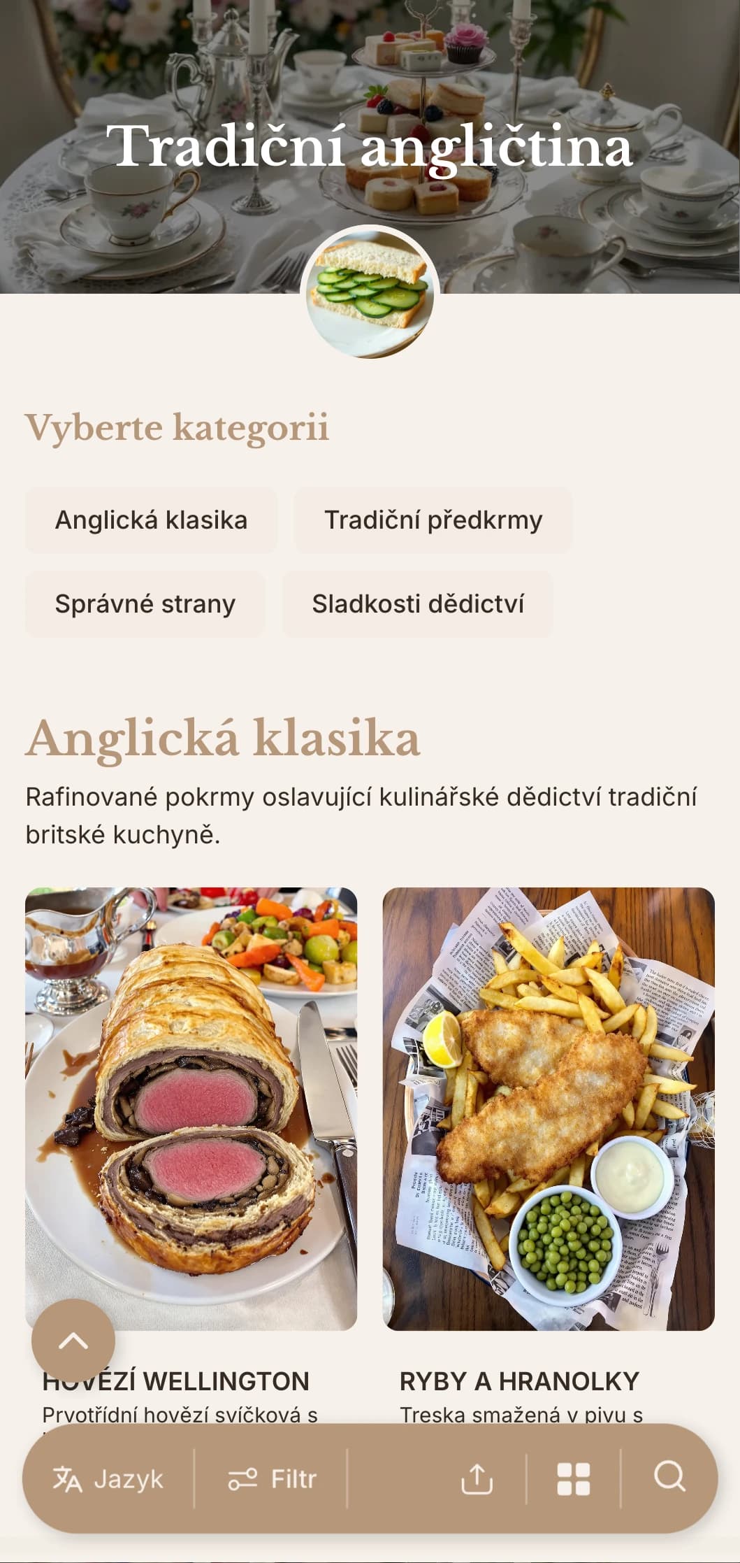 Klasický catering inspirovaný britskou kuchyní s tradičními recepty, správným servisem a vytříbenou prezentací pro akce s vysokým čajem a slavnostní setkání.