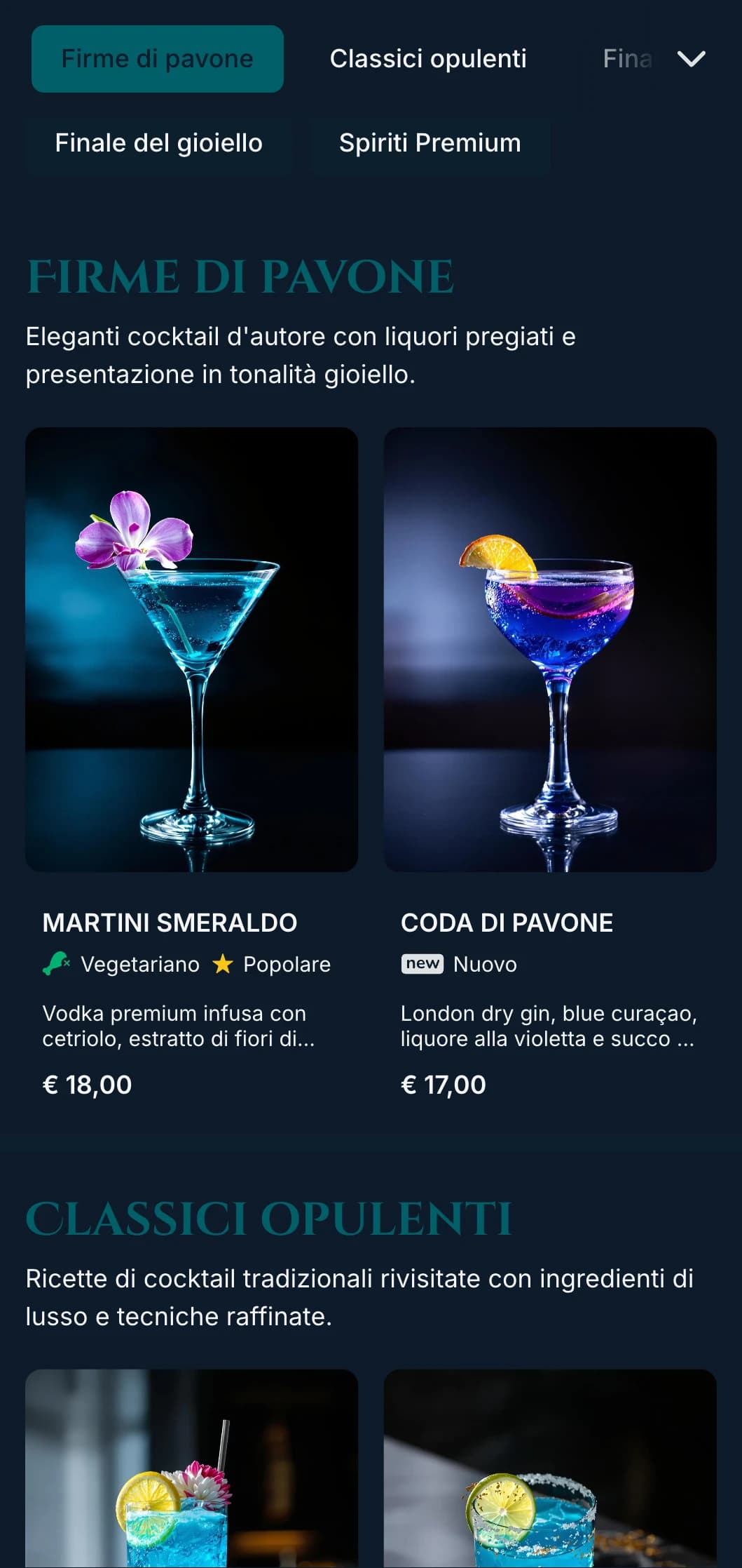Un design lussuoso e dai toni gioiello per cocktail lounge di alto livello, con accenti blu pavone e smeraldo e una tipografia elegante.