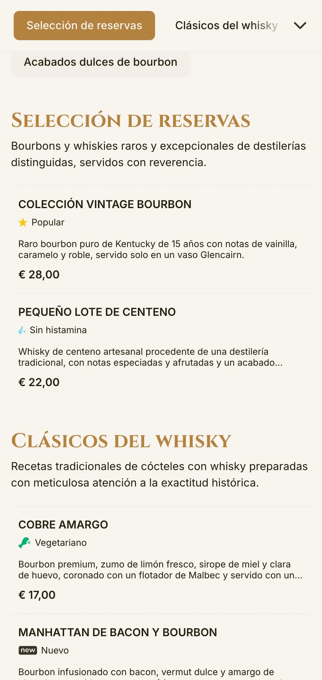 Un diseño elegante y refinado para bares de bourbon y salones de whisky con tipografía vintage y cálidos detalles en ámbar.