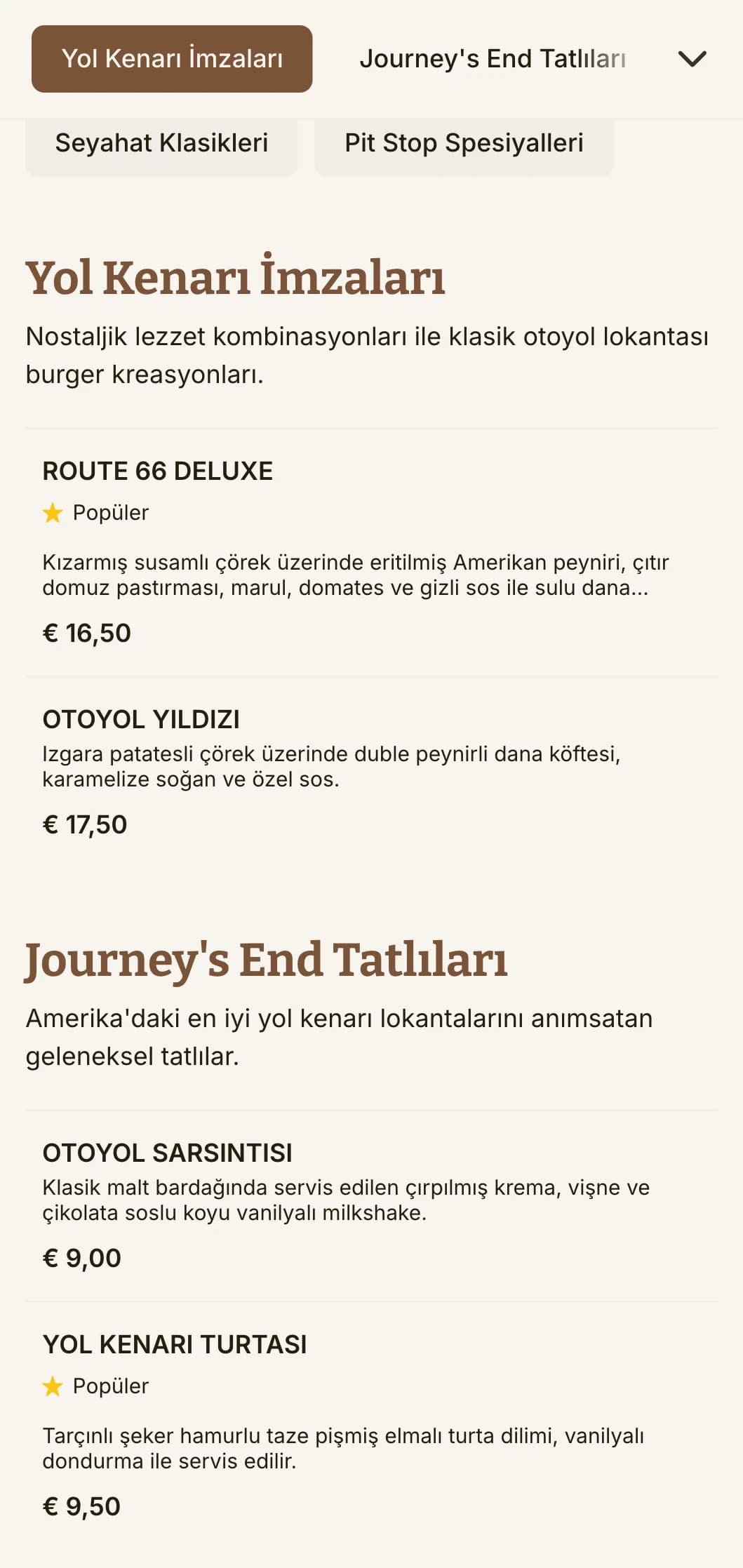 Eski yol işaretleri ve klasik Amerikan yolculuk nostaljisi ile otoyoldan ilham alan burger mekanı.