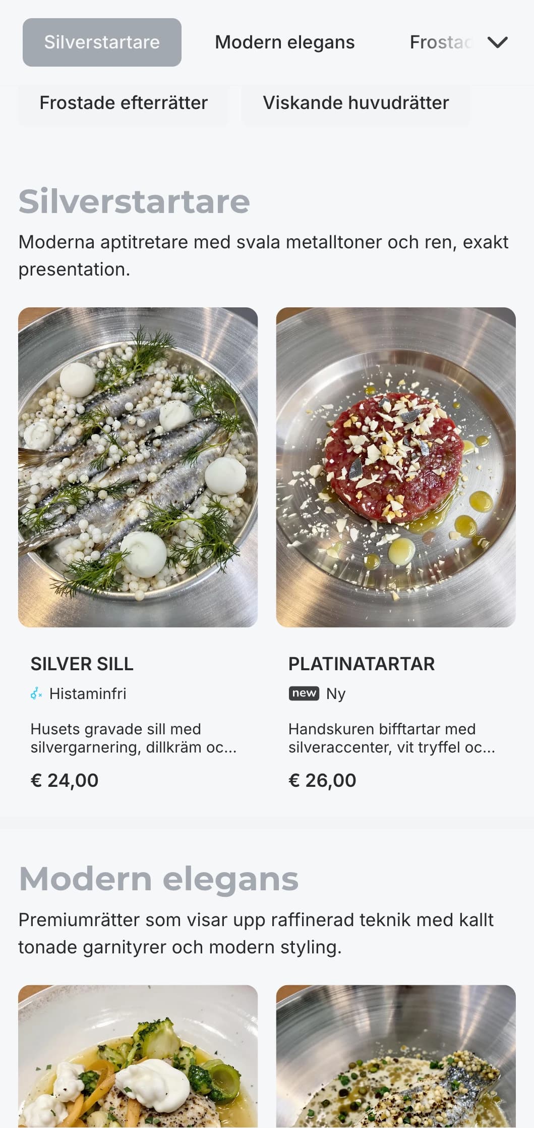 Sofistikerat modernt koncept med svala silvertoner och subtila lyxelement för en diskret och elegant upplevelse.