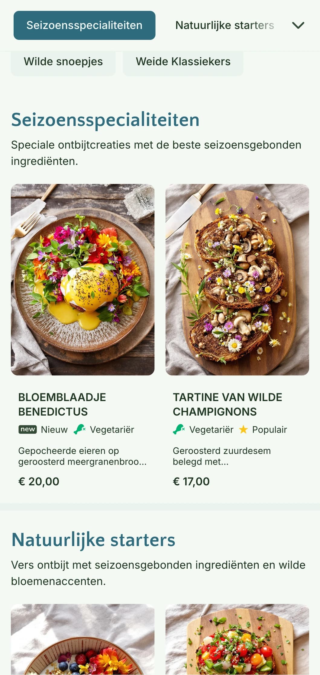 Op de natuur geïnspireerde ochtendgerechten met seizoensgebonden ingrediënten en biologische presentatie met botanische invloeden.