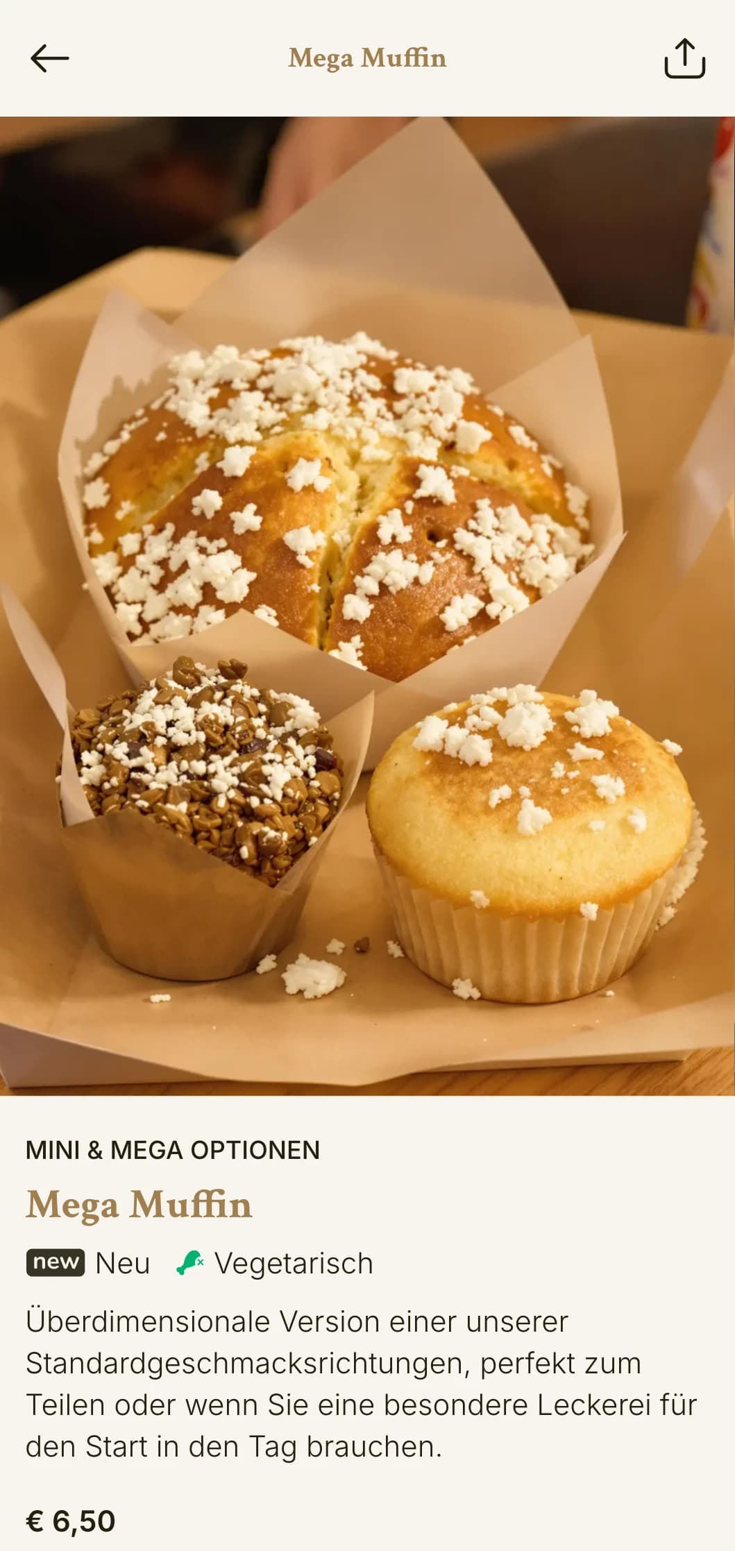 Ein warmes, heimeliges Bäckerei-Menü-Design mit goldbraunen Tönen und traditioneller Typografie, ideal für Muffin-Spezialisten und Bäckereien mit Hausmannskost.