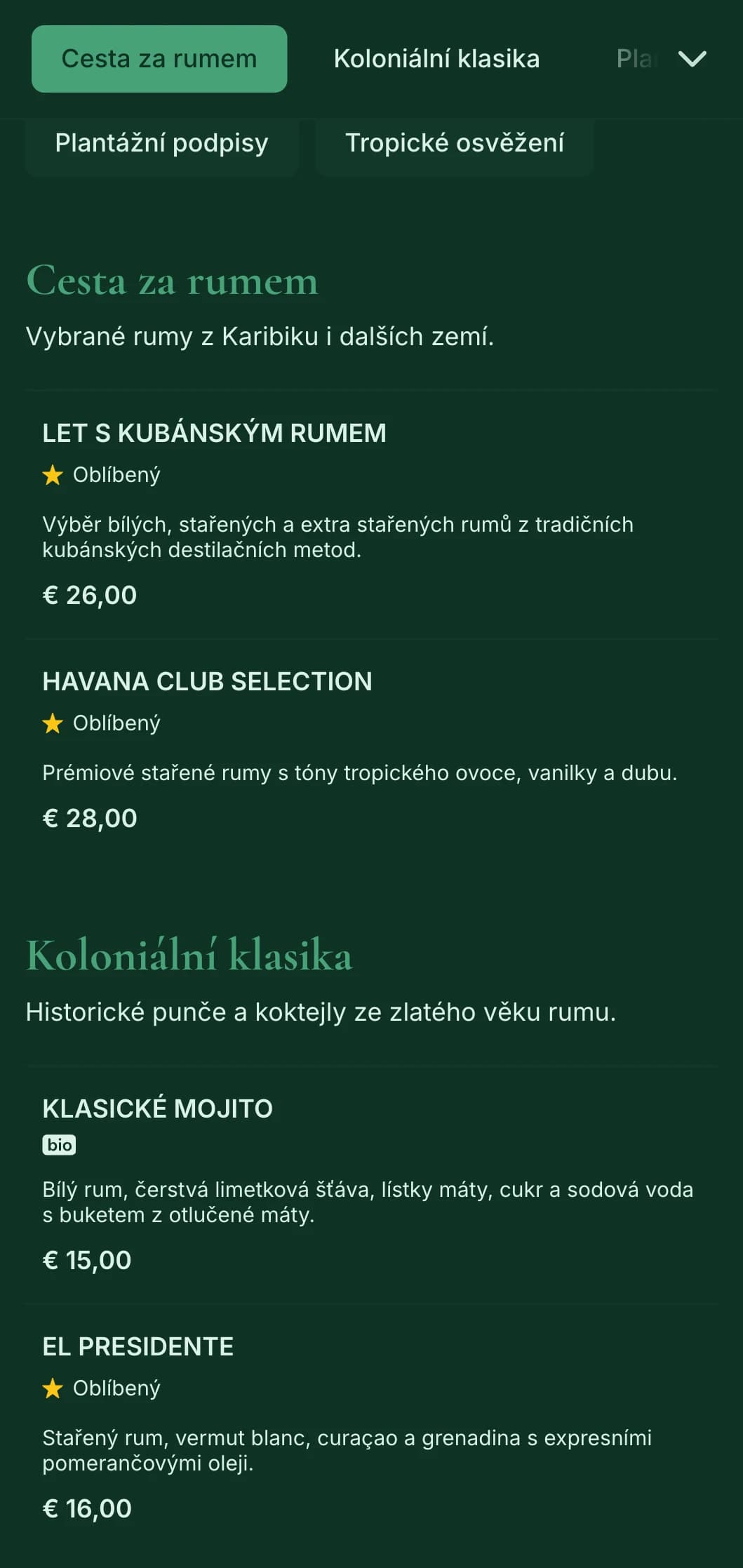 Sytě zelený design s historickými karibskými prvky pro bary zaměřené na rum.