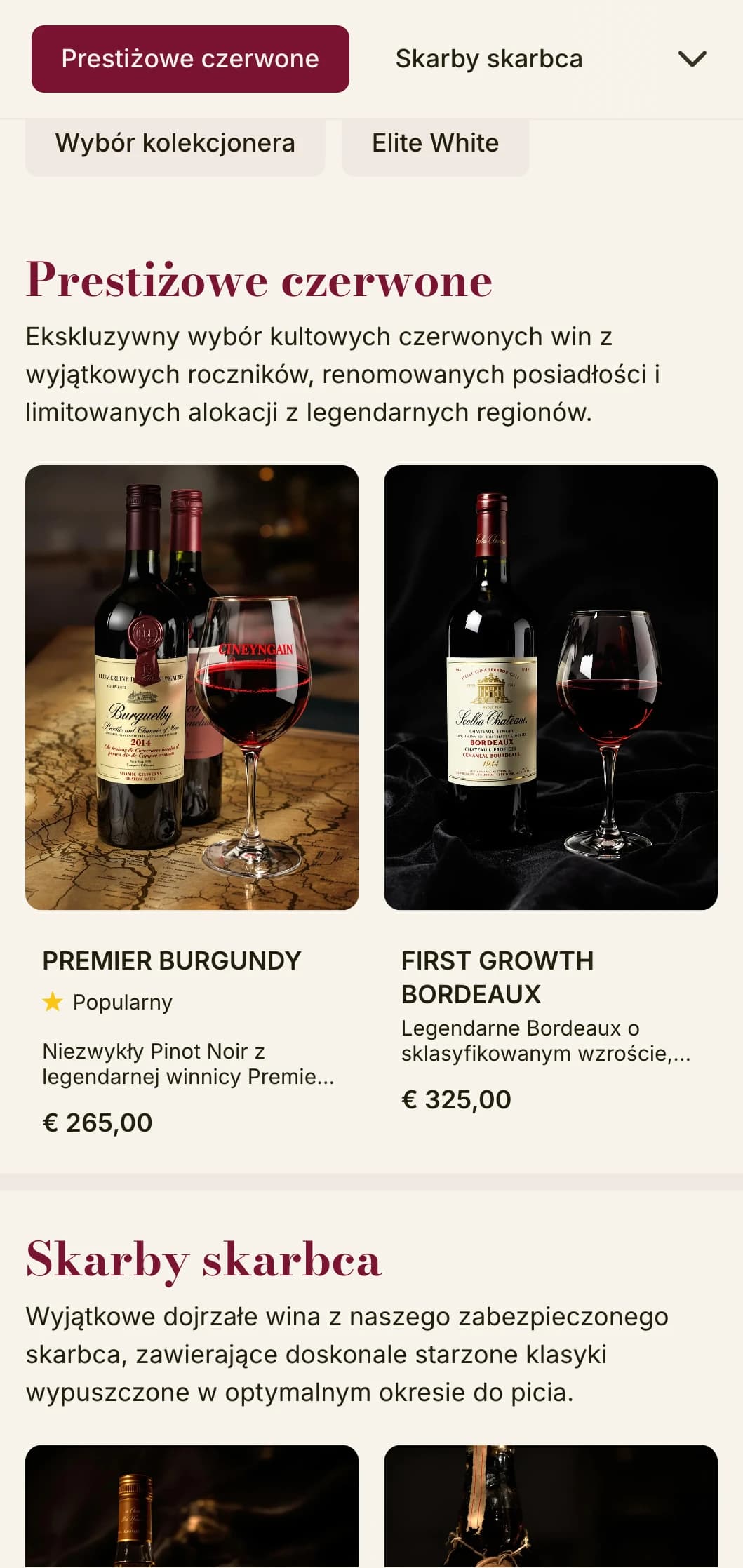 Dramatycznie luksusowy szablon karty win z głębokimi czerwonymi akcentami i wyrafinowaną typografią, idealny do piwnic z winami premium i ekskluzywnych restauracji.