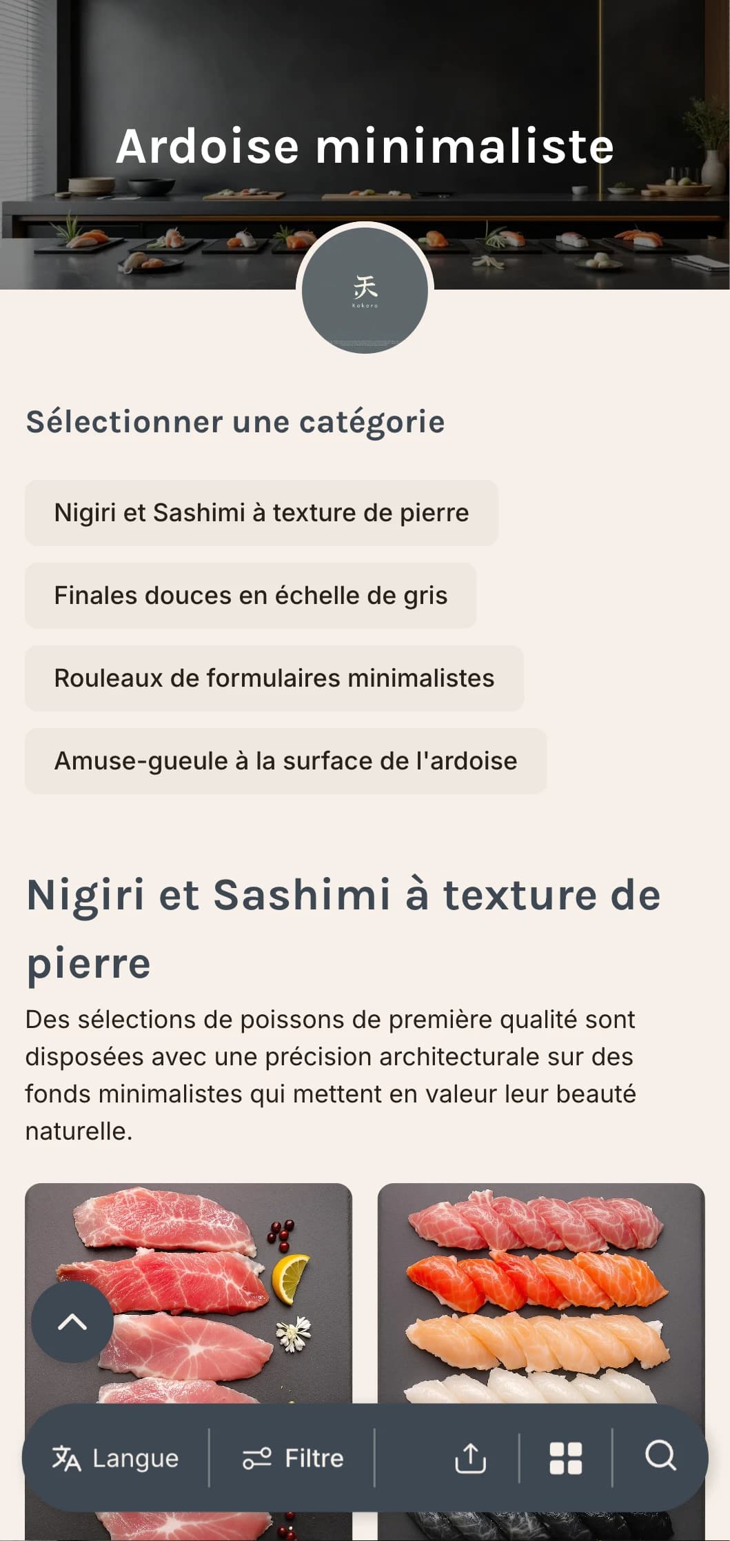 Carte de sushis contemporaine et épurée, aux tons gris ardoise et au design minimaliste, pour les lieux décontractés haut de gamme.