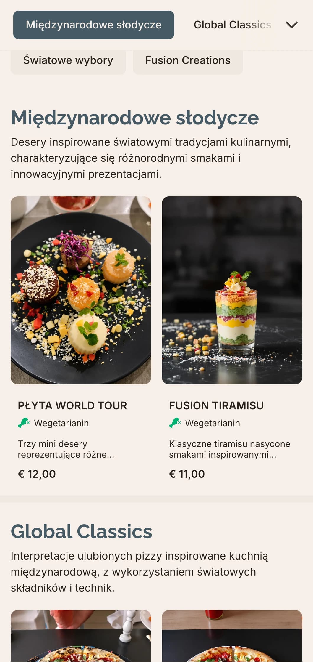 Globalne menu pizzy fusion z nowoczesnym designem dla innowacyjnych kombinacji smakowych.