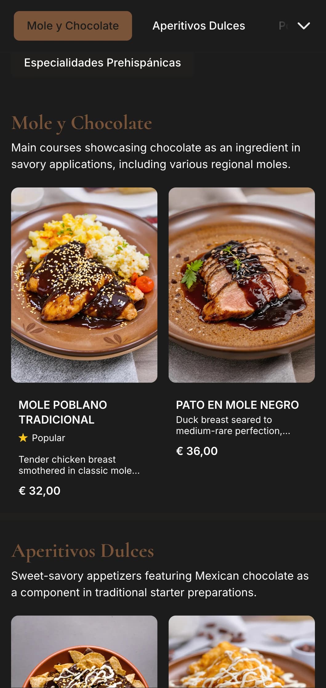 Rich and indulgent Mexican dessert menu featuring warm brown chocolate tones, traditional sweet treats, and authentic chocolate preparations.