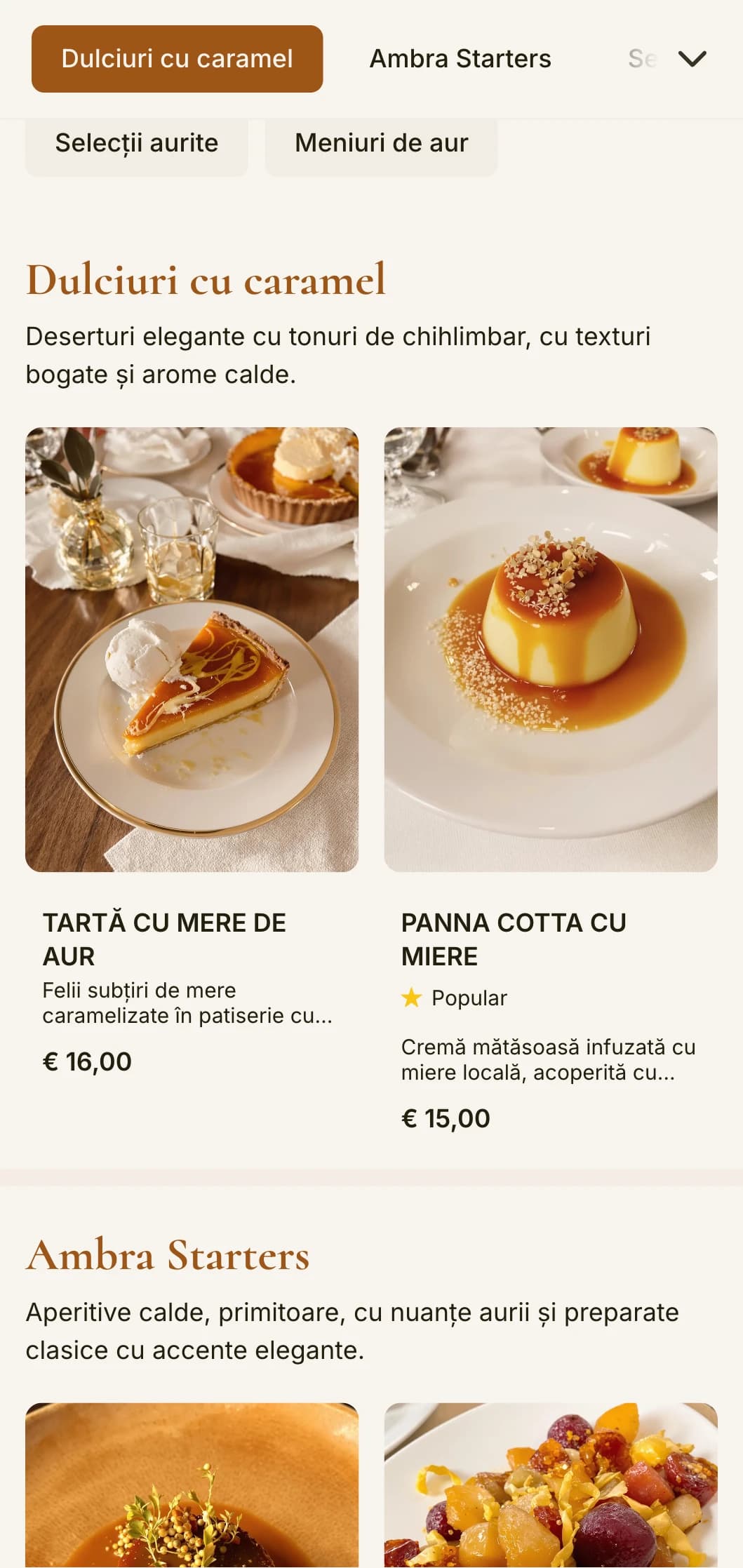 Un meniu de cină cald, în tonuri de chihlimbar, cu elemente de design clasic, perfect pentru unitățile cu o ambianță de oră de aur.